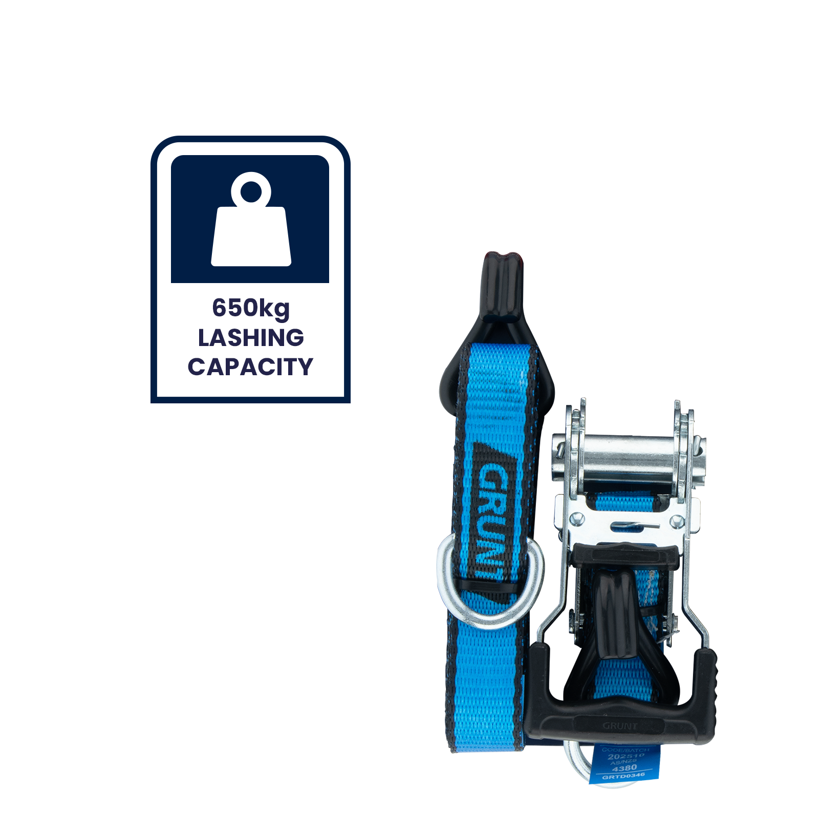 GRUNT 25mm x 6m Blue Ratchet Tie Down Strap 2-Pack – long-reach ratchet straps for securing furniture, equipment, and medium cargo. Reliable locking ratchet for trailer and ute transport. Available at Bunnings AU and NZ.