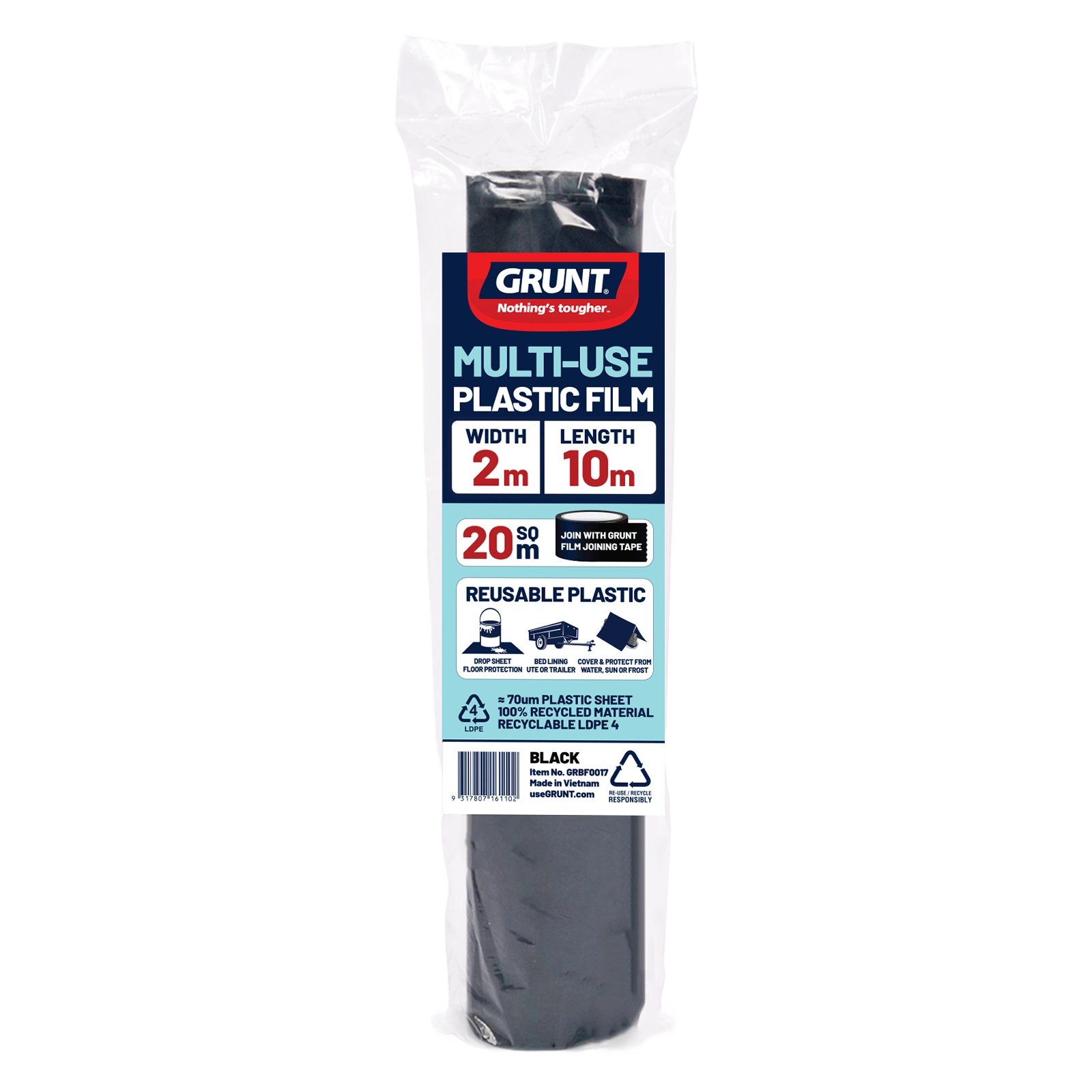 GRUNT 2m x 100m Black 70um Multi Use Plastic Film – bulk trade roll of standard builders film for large-scale DPC, soil cover, and vapour barrier applications. UV-resistant and cost-effective for high-volume construction. Available at Bunnings AU.