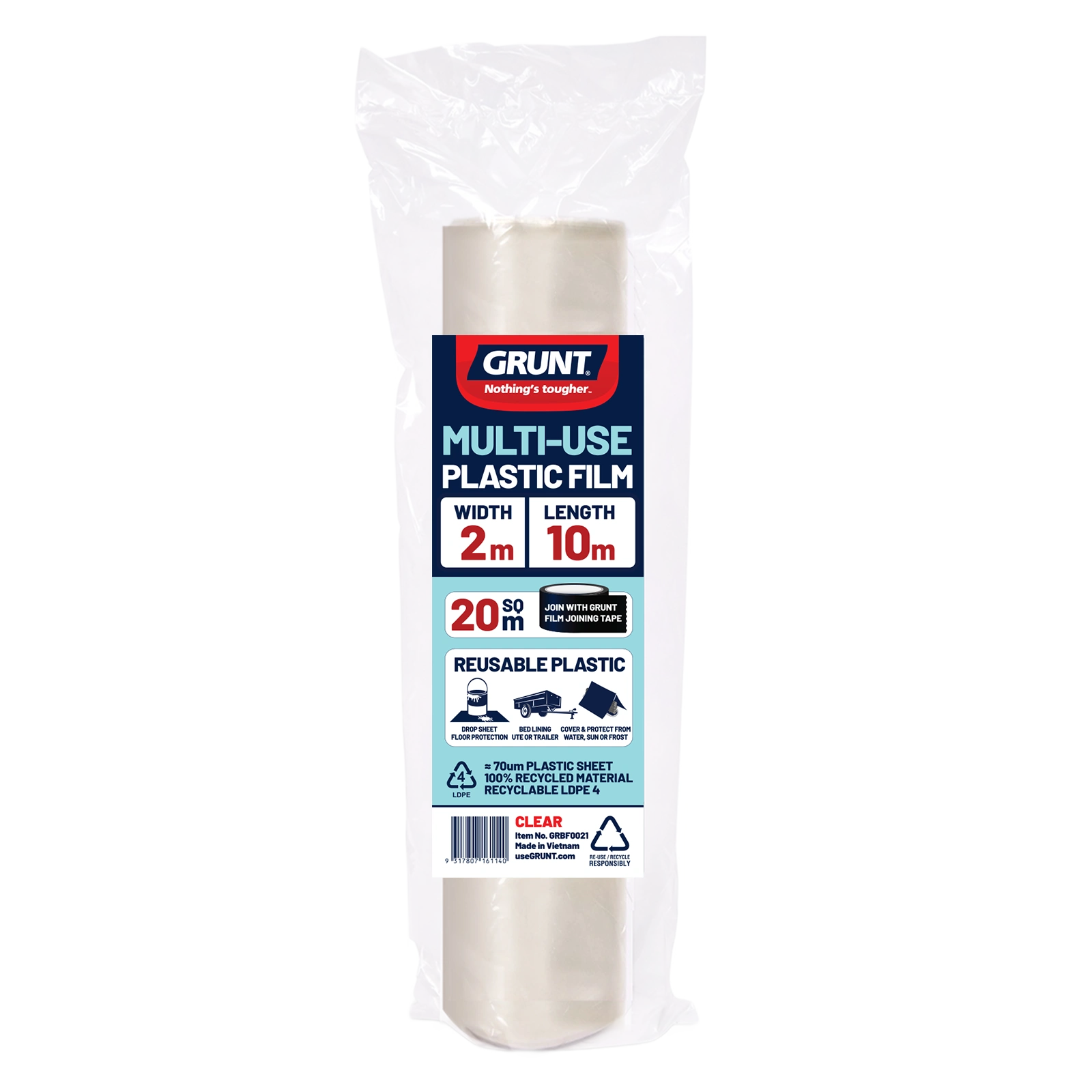 GRUNT 2m x 10m Clear 70um Multi Use Plastic Film – transparent builders film for greenhouse covers, dust protection, and general construction site use. Flexible, UV-resistant, and see-through. Available at Bunnings AU.