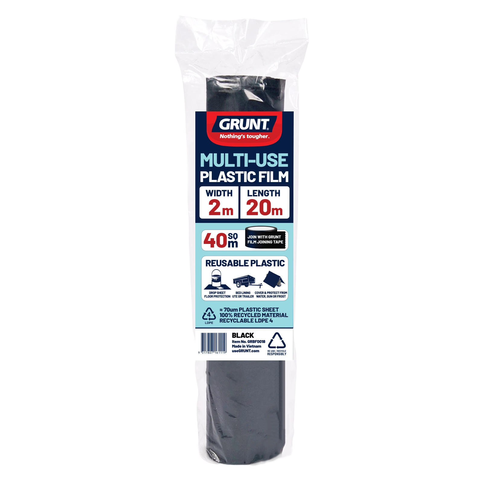 GRUNT 2m x 20m Black 70um Multi Use Plastic Film – long-run standard builders film for large area soil coverage, vapour barriers, and DPC applications on construction sites. Available at Bunnings AU.