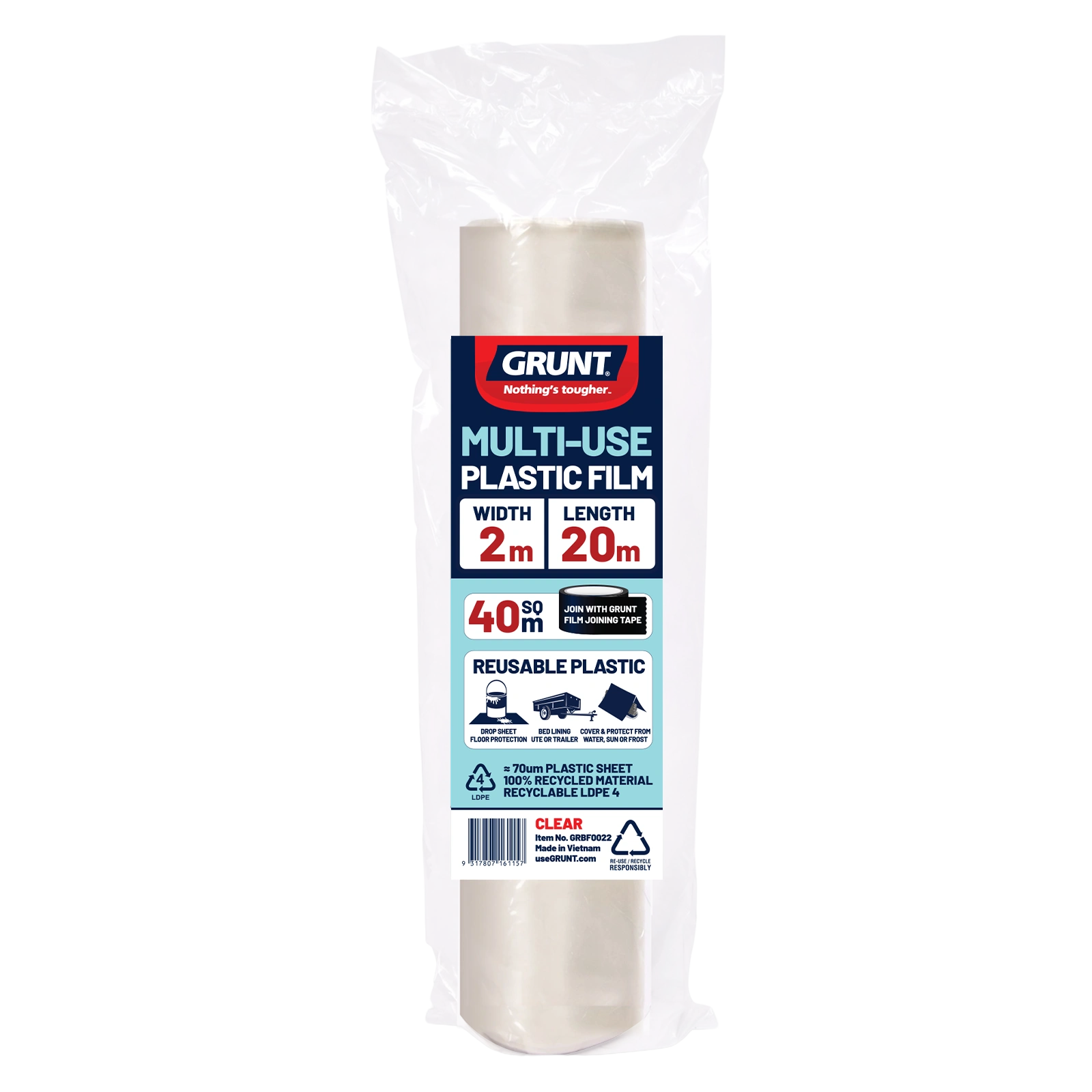 GRUNT 2m x 20m Clear 70um Multi Use Plastic Film – long-run transparent builders film for greenhouse covers, concrete curing, and dust barriers. UV-resistant and lightweight for easy handling. Available at Bunnings AU.