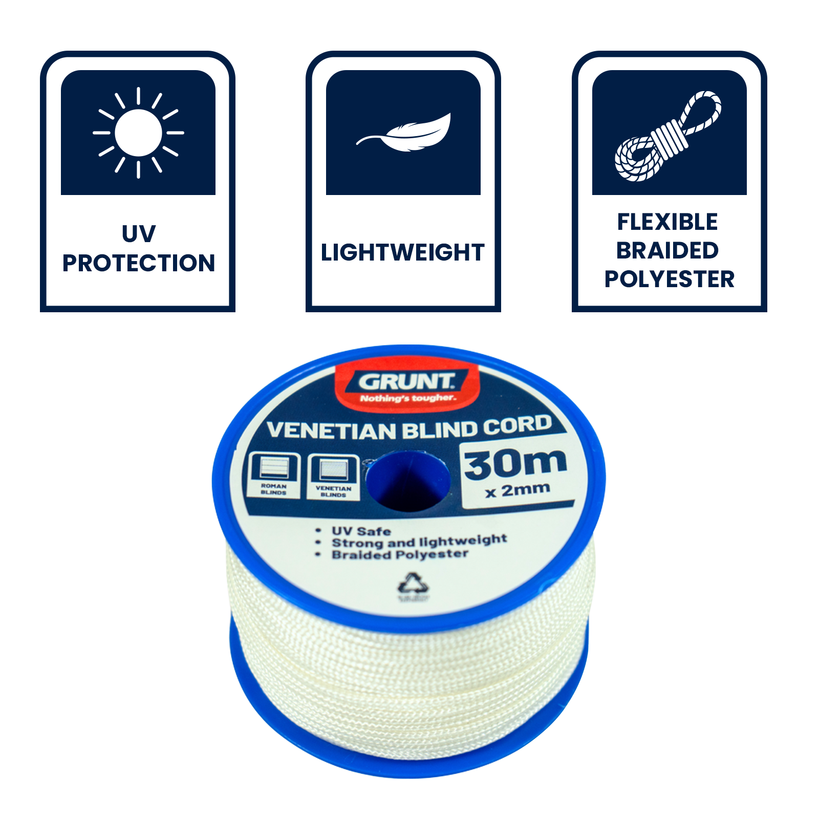 GRUNT 2mm x 30m White Venetian Blind Cord – replacement lift and tilt cord for venetian blinds. Smooth, durable, and easy to thread. Ideal for DIY blind repair. Available at Bunnings AU and NZ.