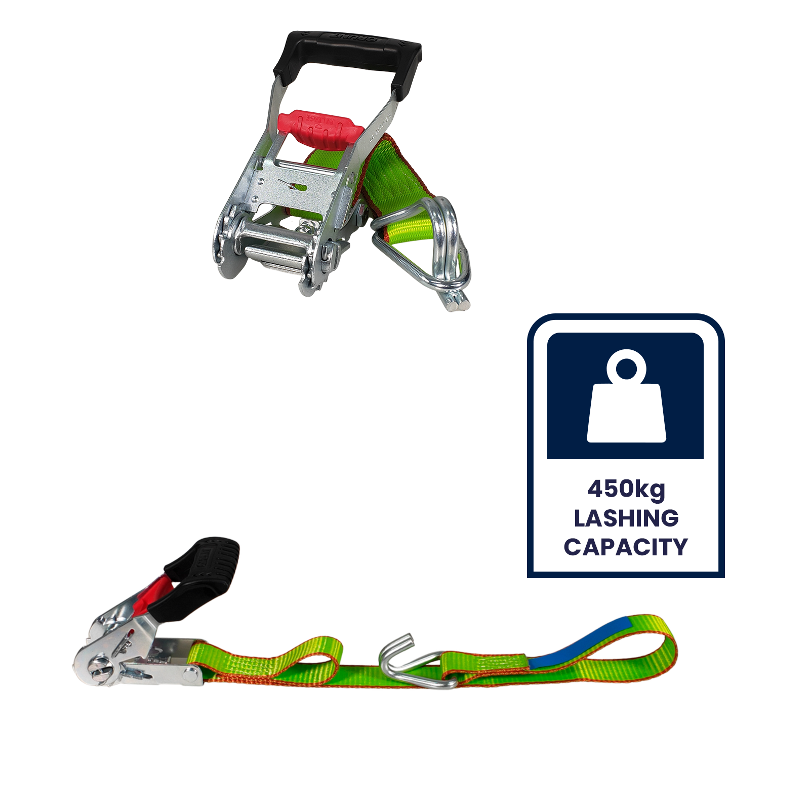 GRUNT Ezi-Load 35mm x 5m Green Ratchet Tie Down 2-Pack – mid-width Ezi-Load ratchet straps for easy single-hand use when securing motorcycles and medium cargo on trailers. Available at Bunnings NZ.
