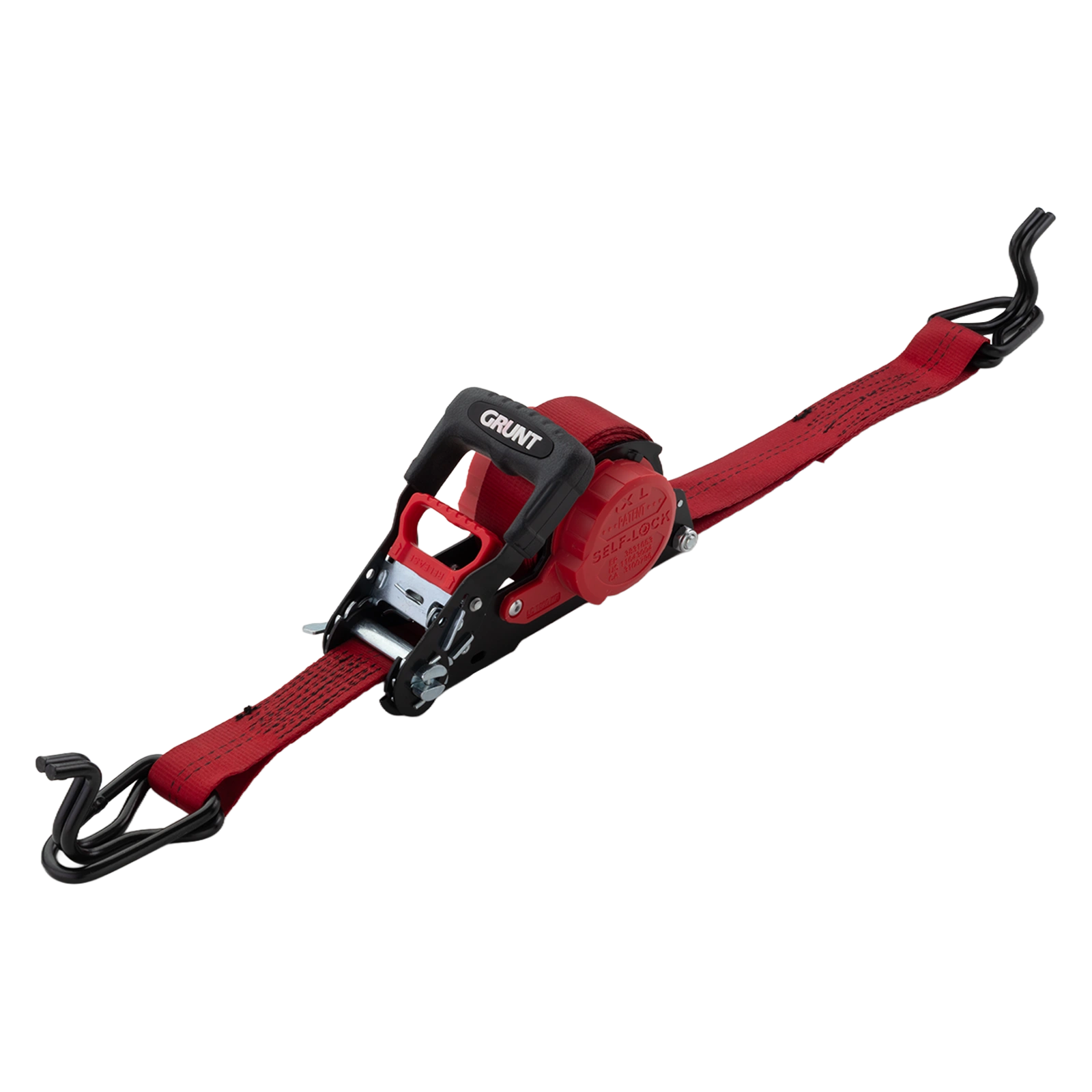 GRUNT 35mm x 5m Red Safety Auto Retractable Tie Down – self-retracting ratchet strap for tangle-free, single-hand load securing on trailers and utes. Auto-rewind for fast deployment and neat storage. Available at Bunnings AU and NZ.