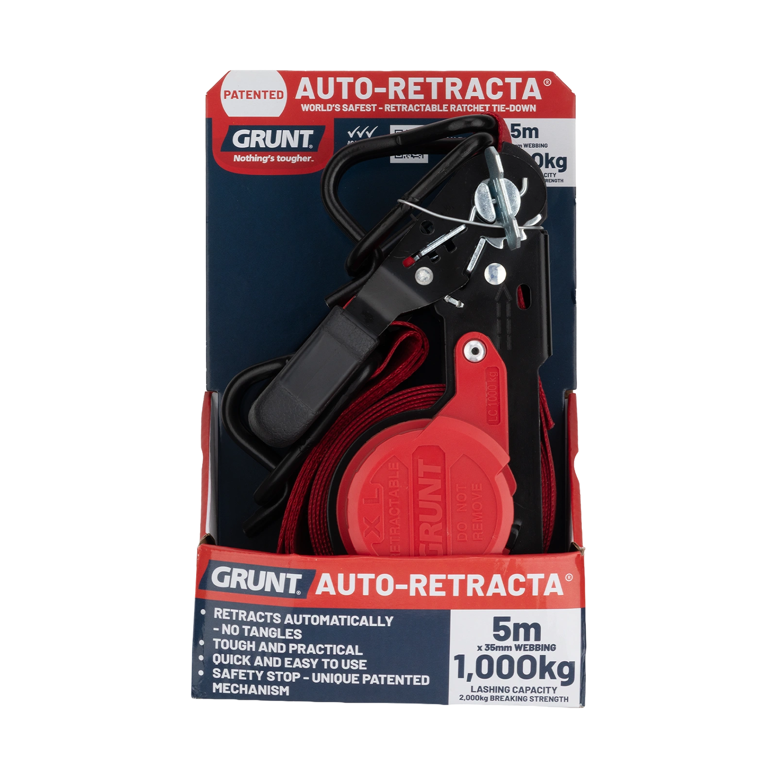 GRUNT 35mm x 5m Red Safety Auto Retractable Tie Down – self-retracting ratchet strap for tangle-free, single-hand load securing on trailers and utes. Auto-rewind for fast deployment and neat storage. Available at Bunnings AU and NZ.
