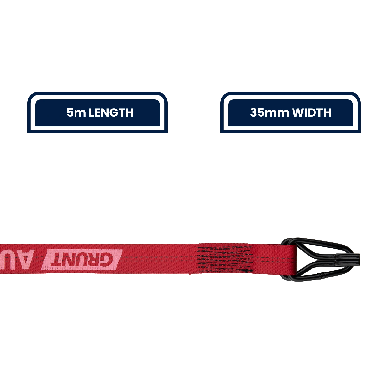 GRUNT 35mm x 5m Red Safety Auto Retractable Tie Down – self-retracting ratchet strap for tangle-free, single-hand load securing on trailers and utes. Auto-rewind for fast deployment and neat storage. Available at Bunnings AU and NZ.