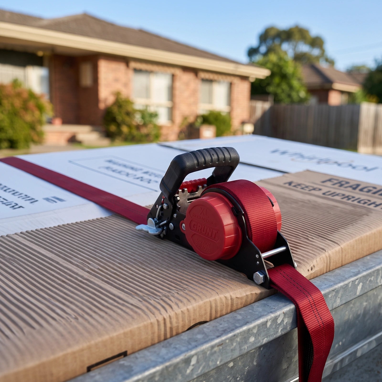 GRUNT 35mm x 5m Red Safety Auto Retractable Tie Down – self-retracting ratchet strap for tangle-free, single-hand load securing on trailers and utes. Auto-rewind for fast deployment and neat storage. Available at Bunnings AU and NZ.