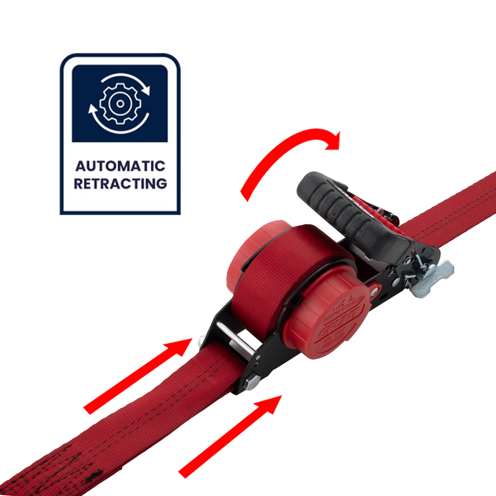 GRUNT 35mm x 5m Red Safety Auto Retractable Tie Down – self-retracting ratchet strap for tangle-free, single-hand load securing on trailers and utes. Auto-rewind for fast deployment and neat storage. Available at Bunnings AU and NZ.
