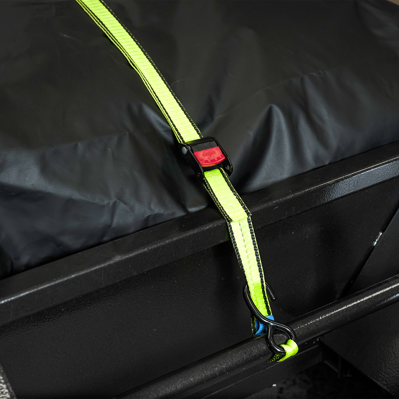 GRUNT Pro 38mm x 3m Green Cam Buckle Pull Tie Down 2-Pack – 340kg working load cam-buckle straps for motorcycle and light cargo transport. Professional-grade for ute and trailer securing. Available at Bunnings AU and NZ.