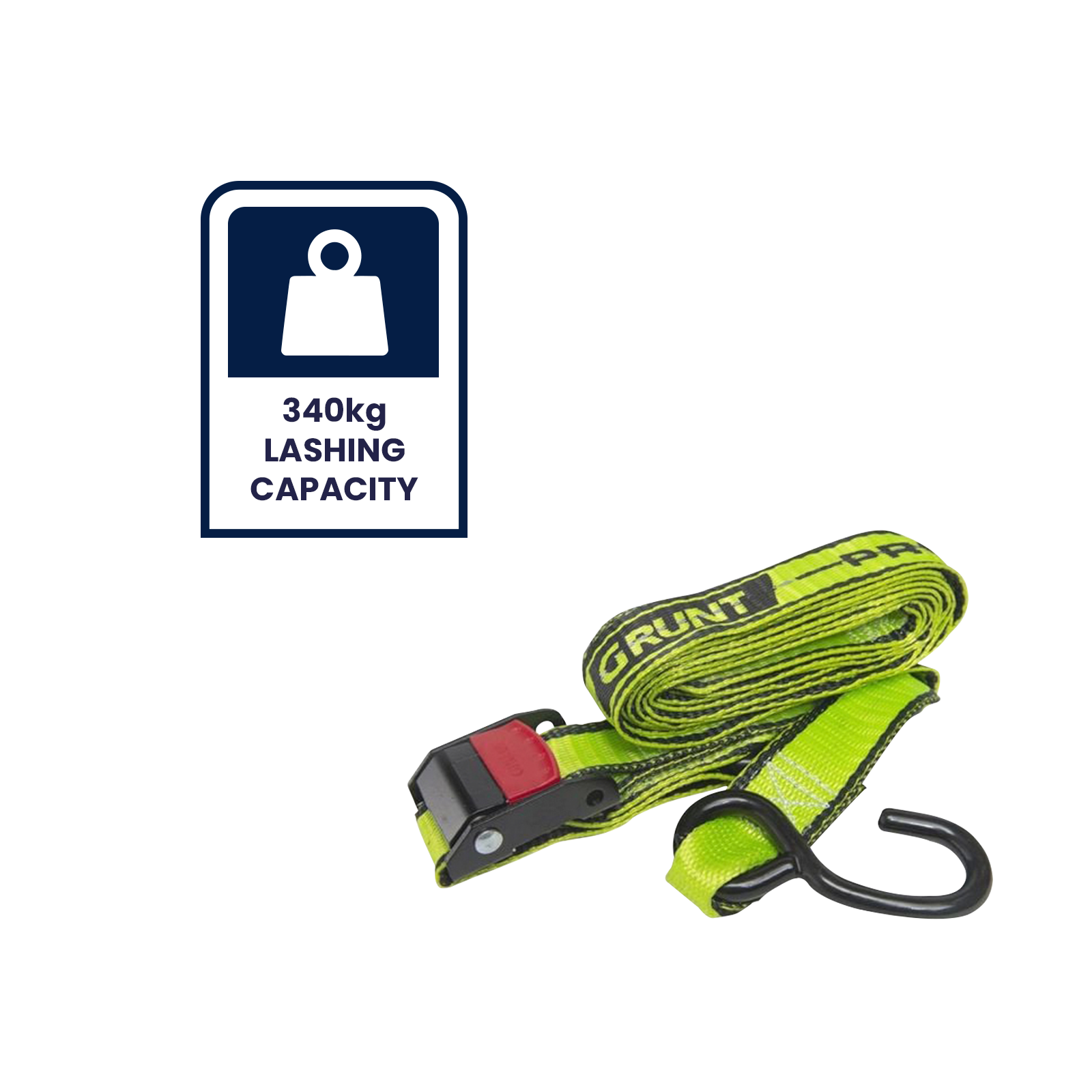 GRUNT Pro 38mm x 3m Green Cam Buckle Pull Tie Down 2-Pack – 340kg working load cam-buckle straps for motorcycle and light cargo transport. Professional-grade for ute and trailer securing. Available at Bunnings AU and NZ.