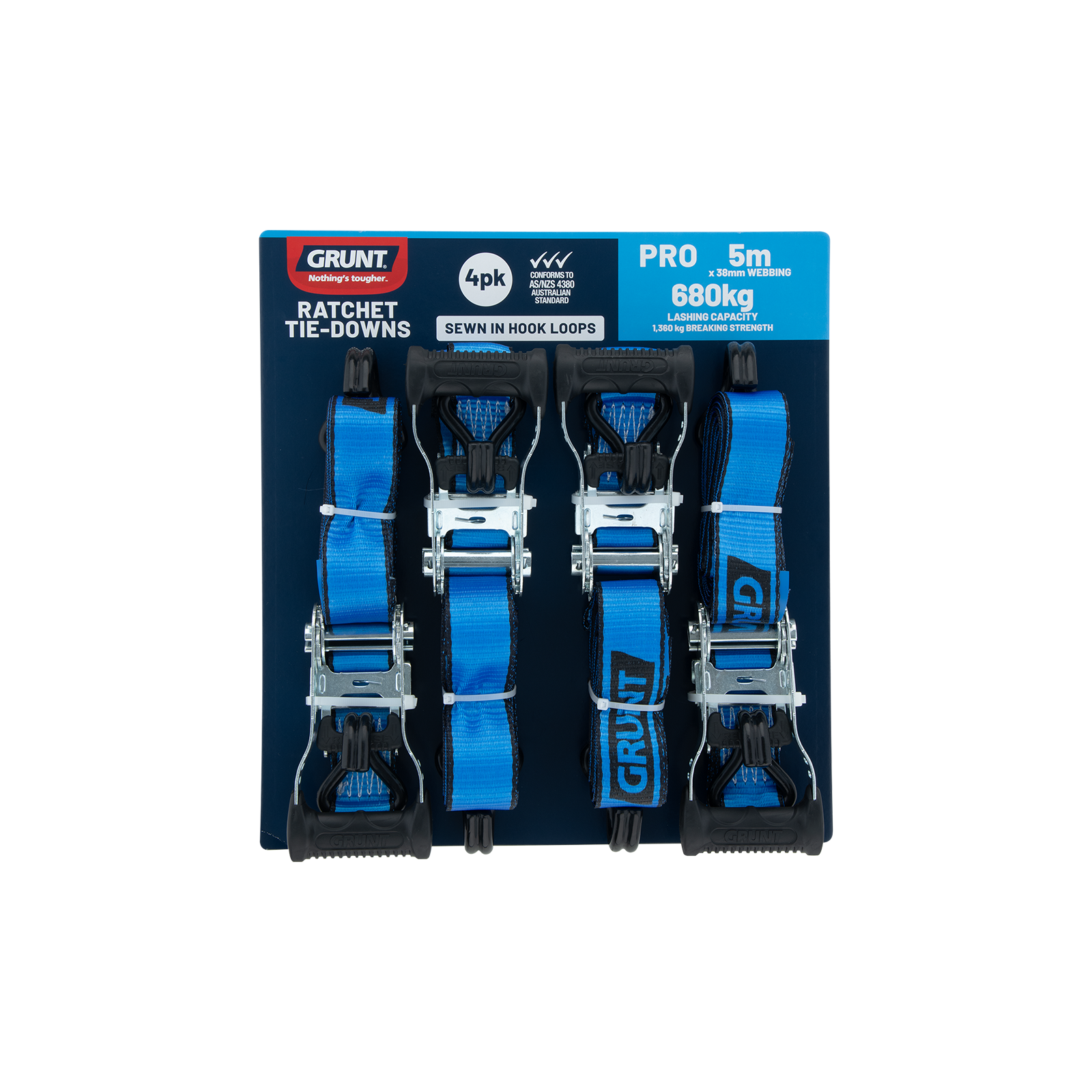 Grunt 38mm x 5m Ratchet Tie Down Set - 4 Pack