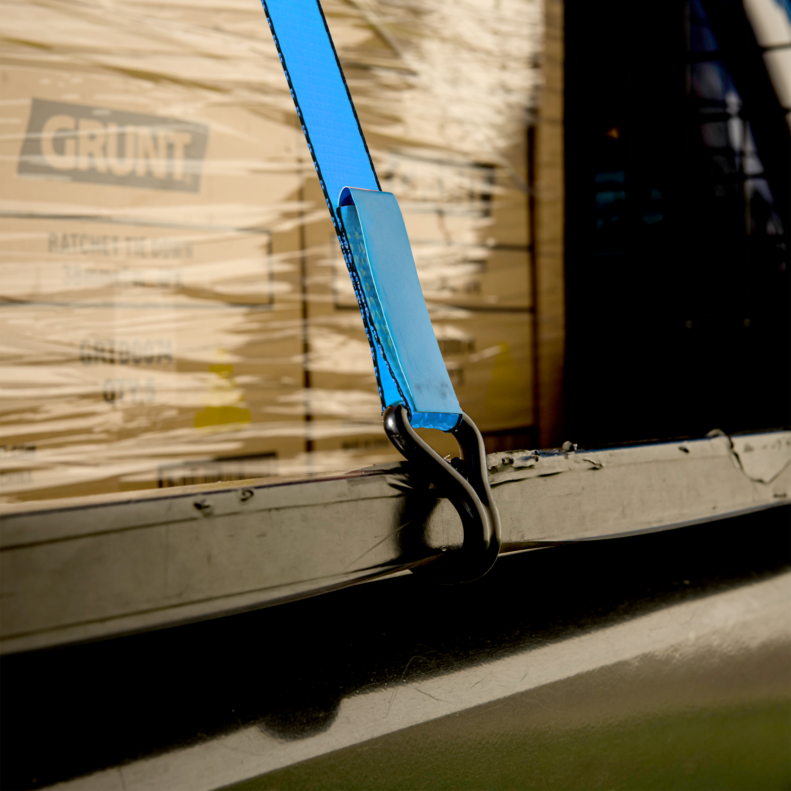 GRUNT 38mm x 5m Ratchet Tie Down 4-Pack – value set of heavy-duty ratchet straps for securing furniture, equipment, and cargo on trailers and utes. High working load for professional transport. Available at Bunnings AU and NZ.