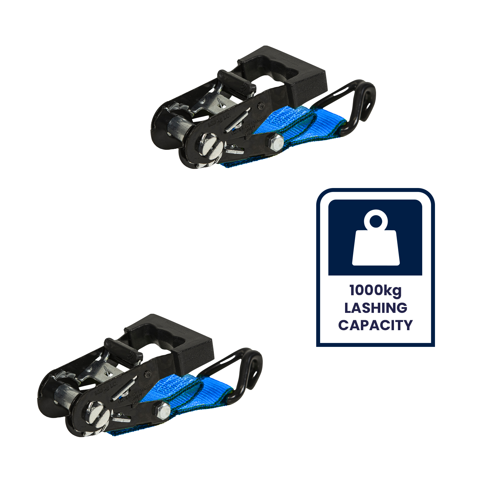 GRUNT 38mm x 6m Blue Ratchet Tie Down 2-Pack – strong mid-width ratchet straps for securing furniture, appliances, and equipment during transport. Reliable hook-and-ratchet system. Available at Bunnings AU and NZ.