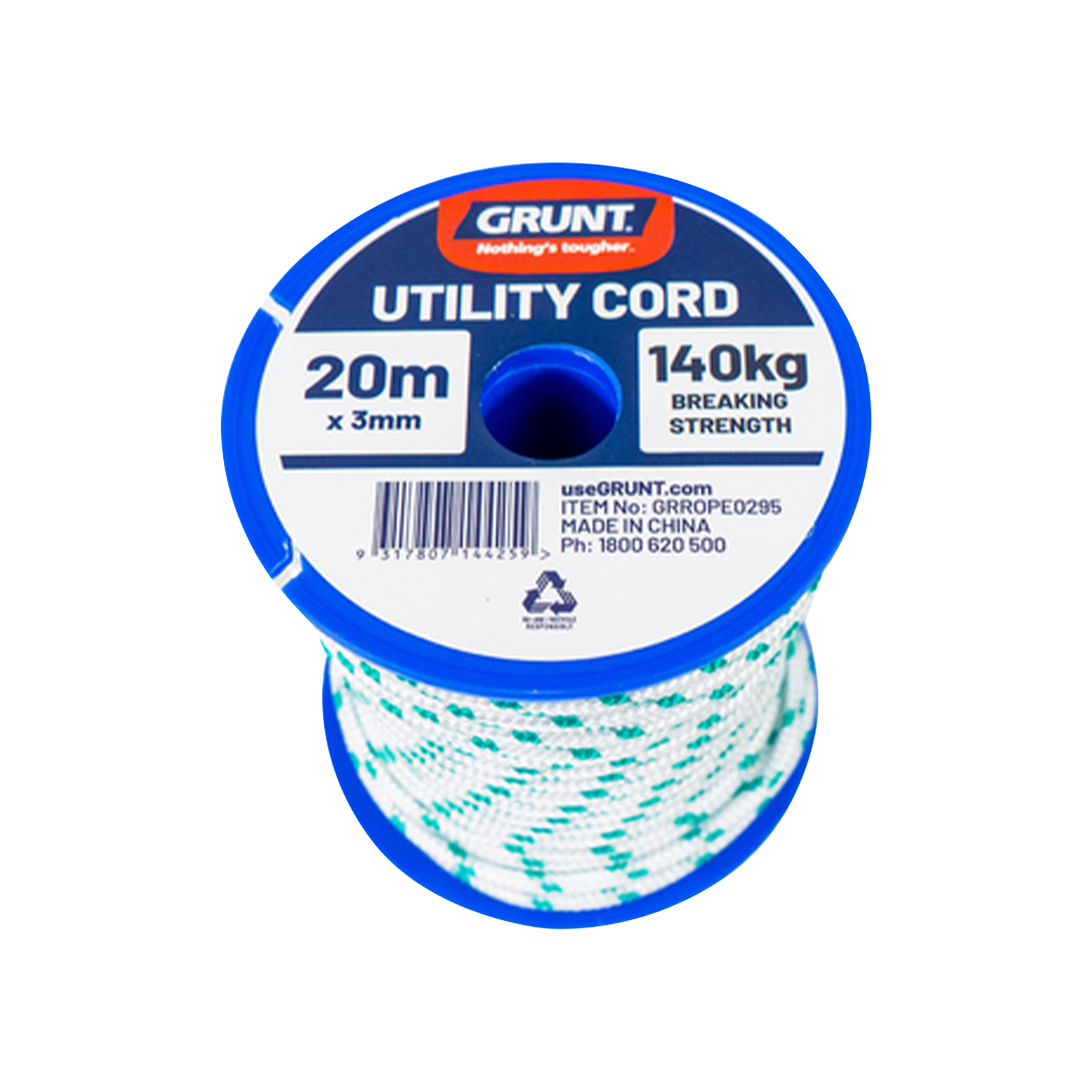 GRUNT 3mm x 20m White and Green Multi Purpose Utility Cord – lightweight versatile cord for general tying, camping, and household use. UV-resistant with easy-grip texture. Available at Bunnings AU and NZ.