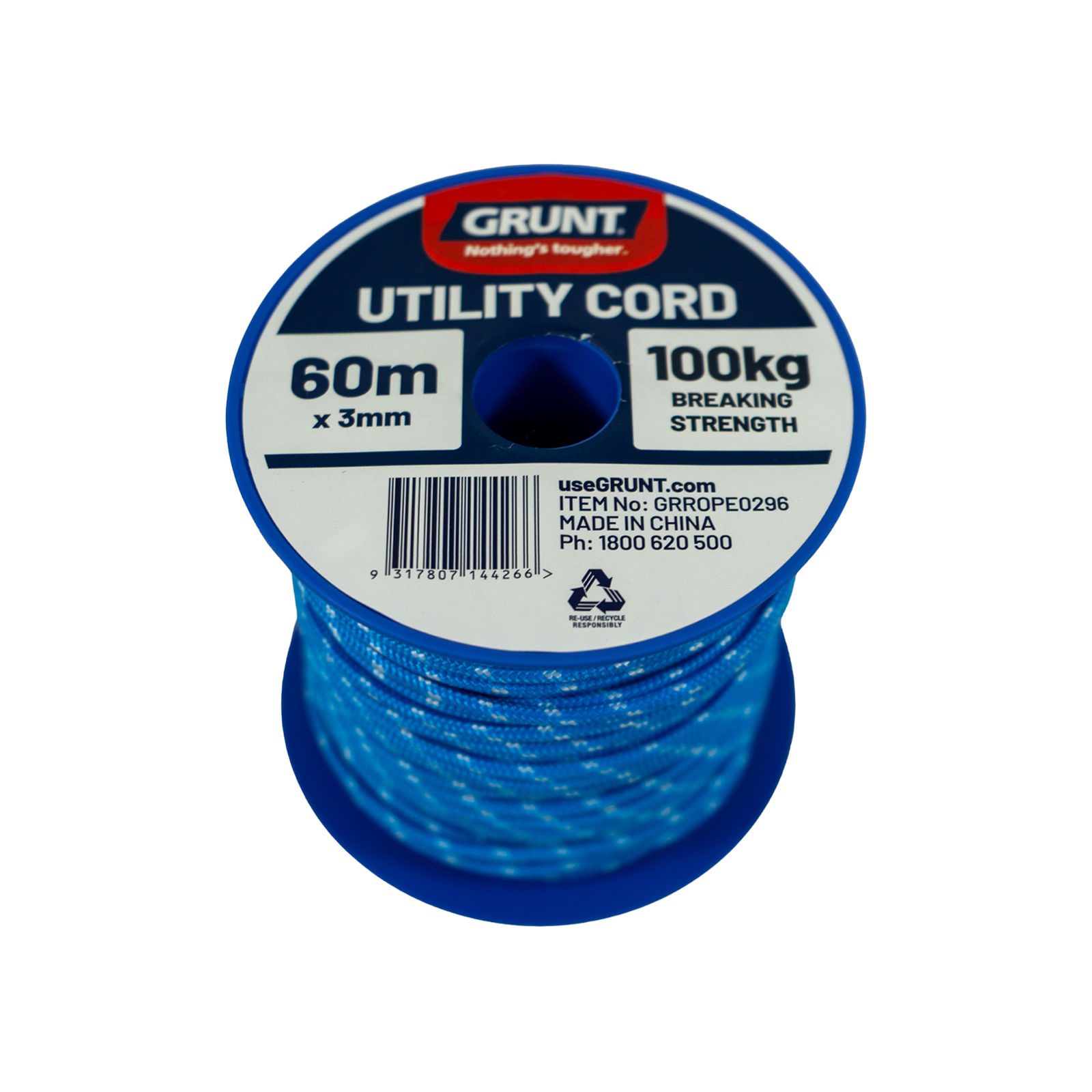 GRUNT 3mm x 60m Assorted Colour Utility Cord – long-run colourful lightweight cord for general-purpose tying, bundling, camping, and DIY projects. UV-resistant and durable. Available at Bunnings AU.