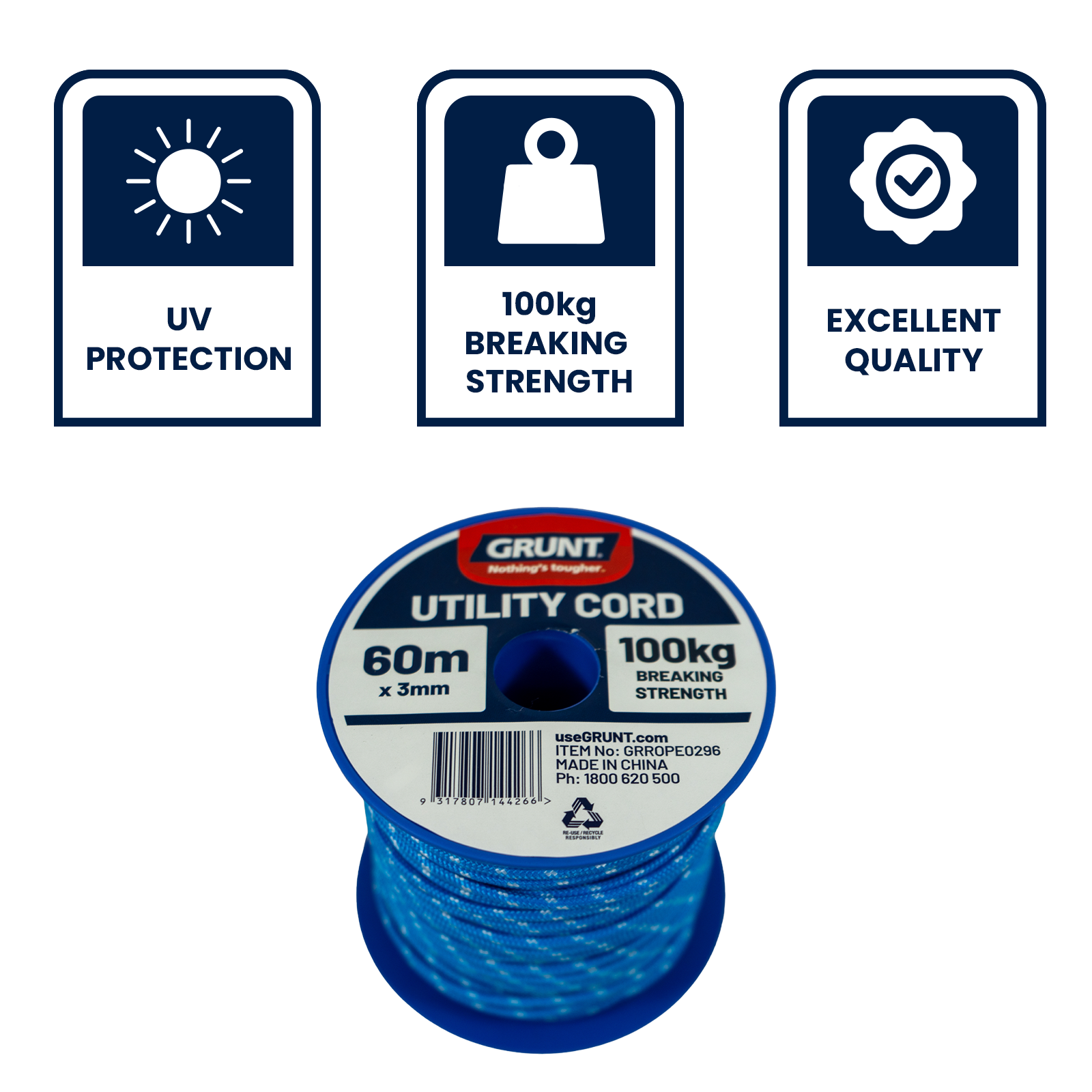 GRUNT 3mm x 60m Assorted Colour Utility Cord – long-run colourful lightweight cord for general-purpose tying, bundling, camping, and DIY projects. UV-resistant and durable. Available at Bunnings AU.