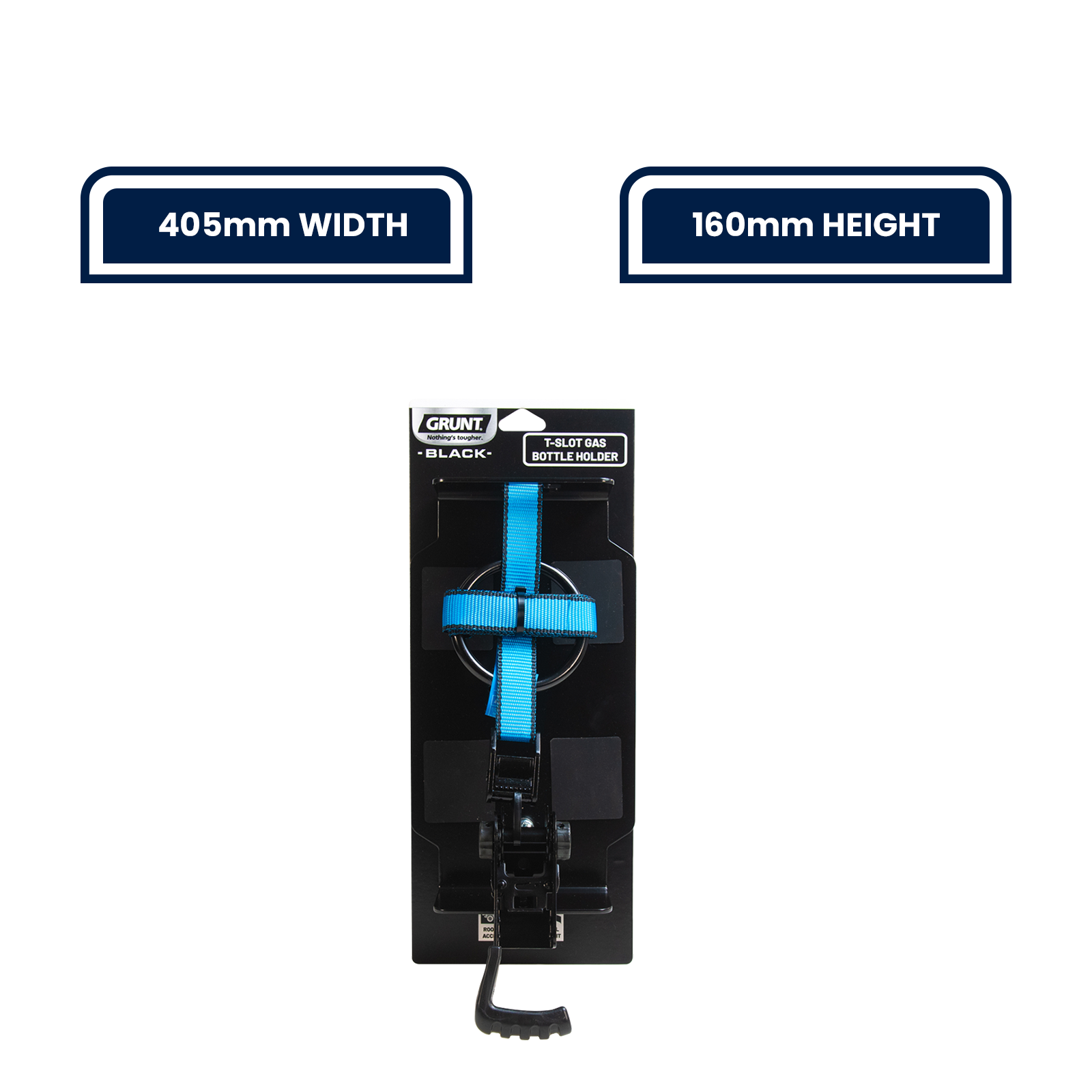 GRUNT 405mm Blue Universal T Slot Gas Bottle Holder – T-track compatible holder for safely securing BBQ gas bottles and cylinders on ute trays and work vehicles during transport. Available at Bunnings AU and NZ.