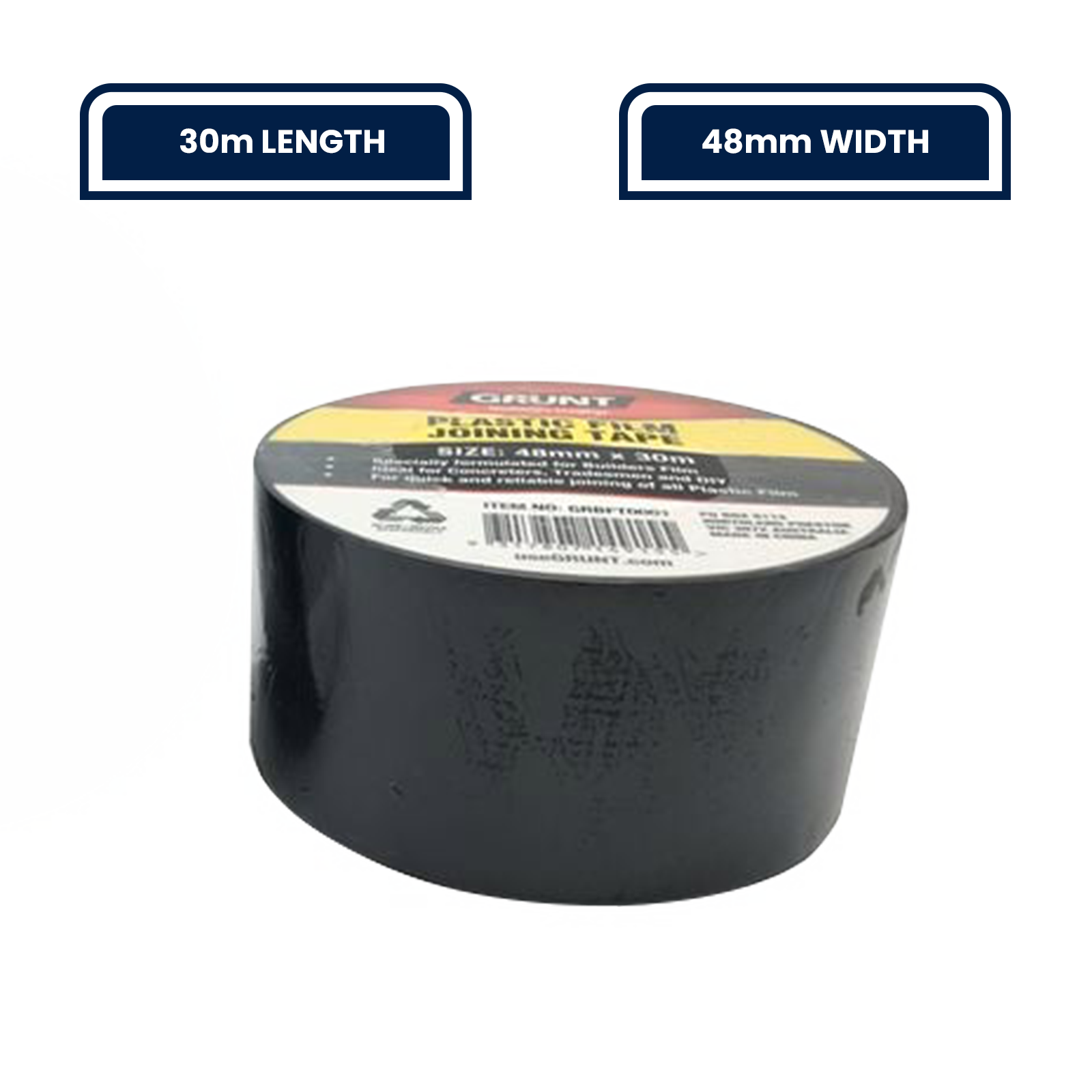 GRUNT 48mm x 30m Black Builders Film Joining Tape – heavy-duty self-adhesive tape for sealing and joining builders film, vapour barriers, and DPC membranes. UV-resistant and weatherproof. Available at Bunnings AU.