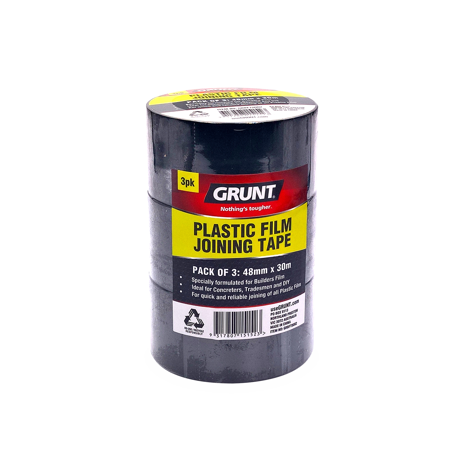 Grunt 48mm x 30m Black Builders Film Tape 3 - Pack