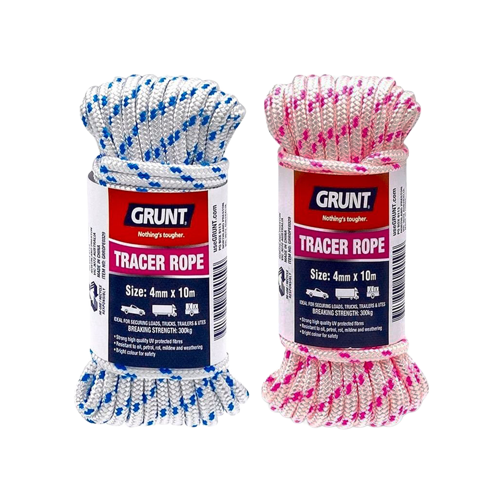 GRUNT 4mm x 10m White with Pink/Blue Tracer Rope – high-visibility construction line for marking, surveying, and building layout. Bright tracer for easy identification on site. Available at Bunnings AU and NZ.