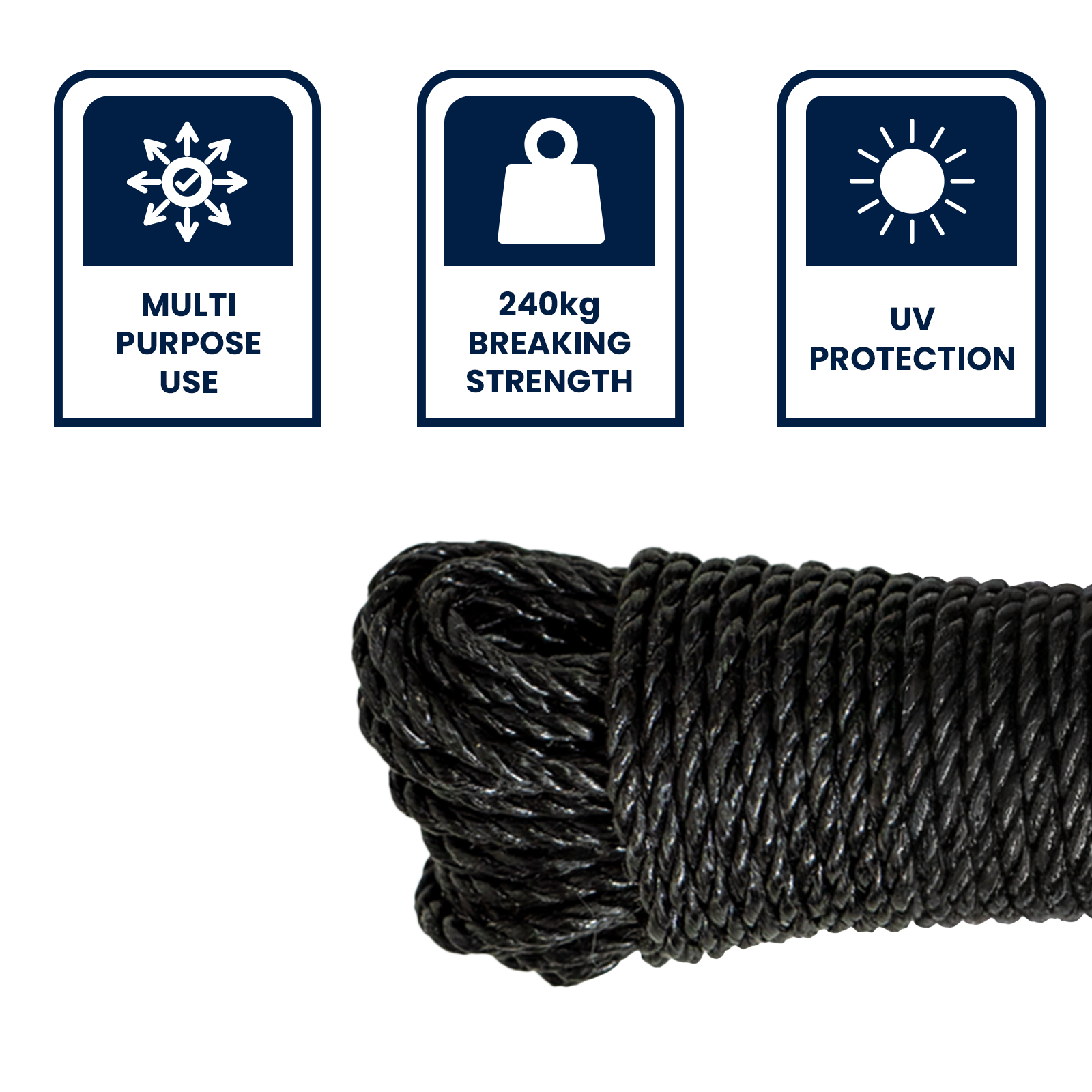GRUNT 4mm x 20m Black Multi Purpose Rope – versatile black polypropylene rope for general tying, garden, camping, and outdoor securing tasks. UV-resistant and long-lasting. Available at Bunnings AU and NZ.