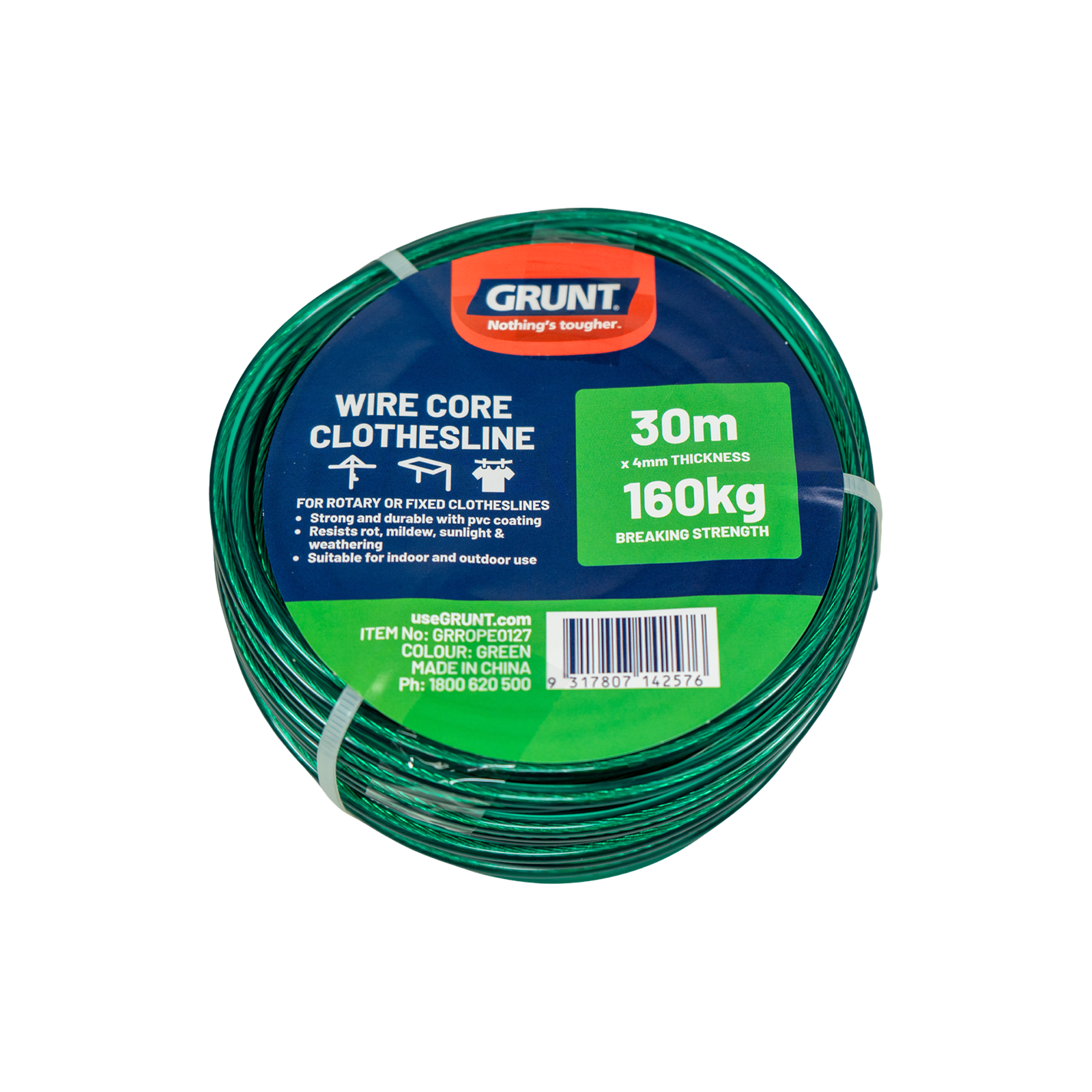 GRUNT 4mm x 30m Green Wire Core Clothesline Wire – green PVC-coated steel wire clothesline blends with garden surroundings. Strong, weather-resistant, and easy to hang. Available at Bunnings AU and NZ.