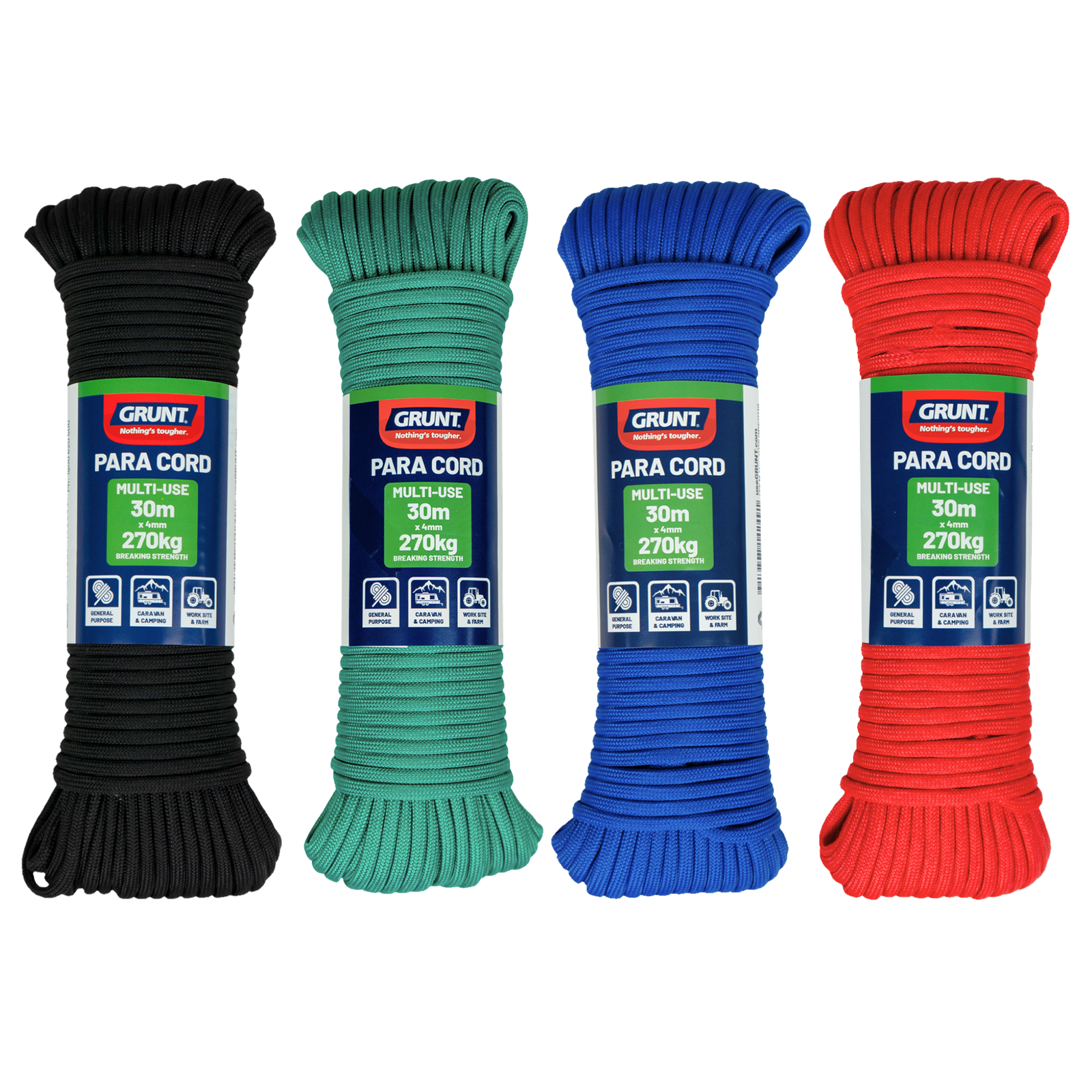 GRUNT 4mm x 30m Multicolour Paracord – long-run braided nylon survival cord for camping, hiking, DIY craft, and emergency rigging. Strong, colourful, and multi-purpose. Available at Bunnings AU and NZ.