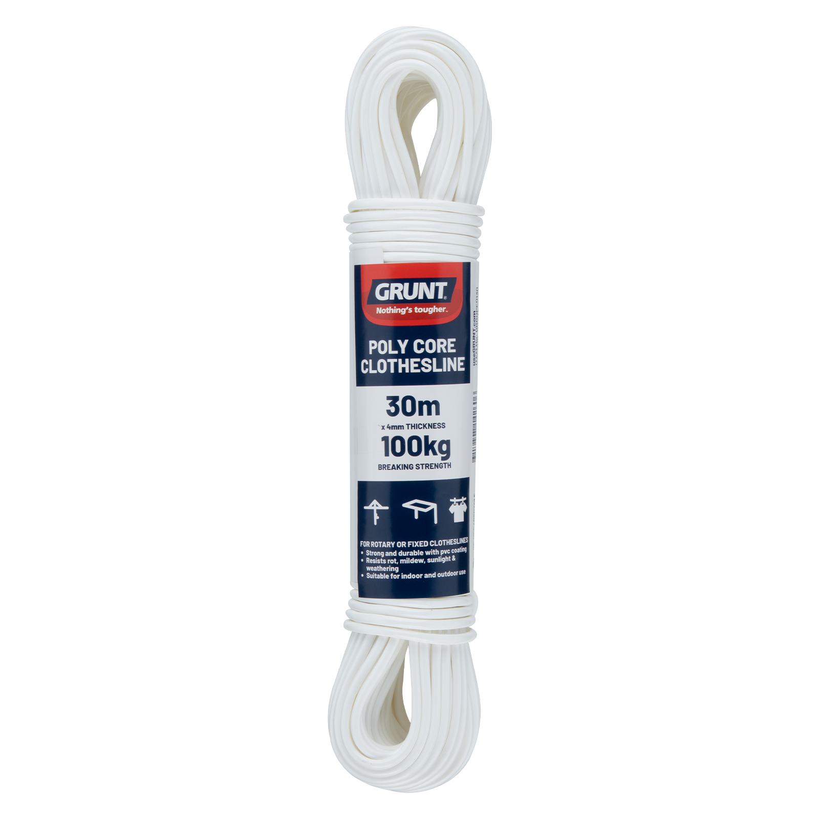 Grunt white poly core clothesline wire 4mm x 30m roll with durable PVC coating designed for outdoor clotheslines and long-lasting laundry drying use. Available at Bunnings AU and NZ.