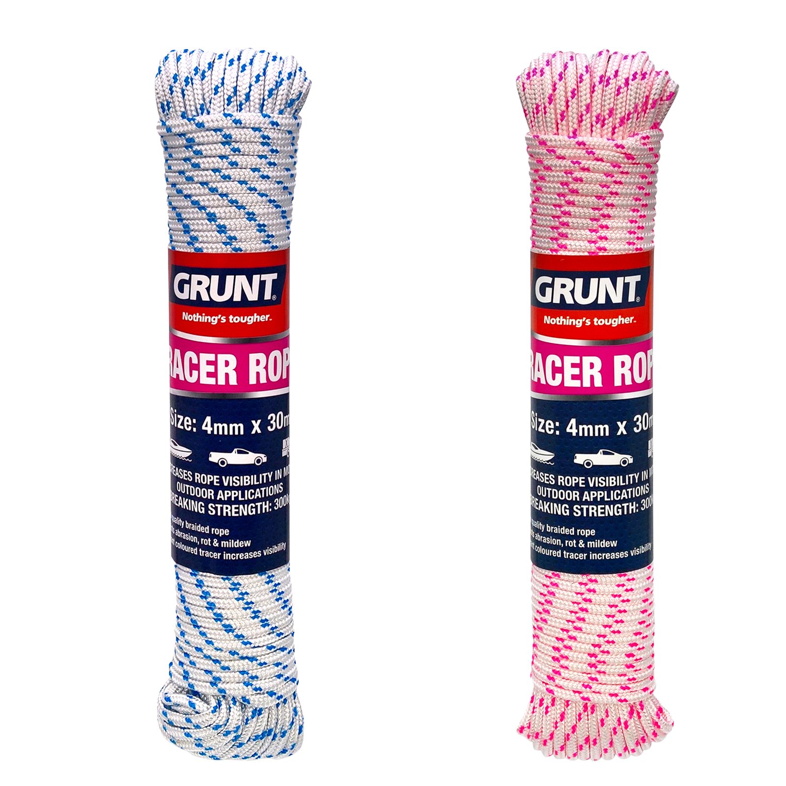 GRUNT 4mm x 30m High Visibility Tracer Rope – long-run pink/blue tracer rope for building layout, site marking, and construction surveying. Highly visible for accurate DIY and trade work. Available at Bunnings AU and NZ.
