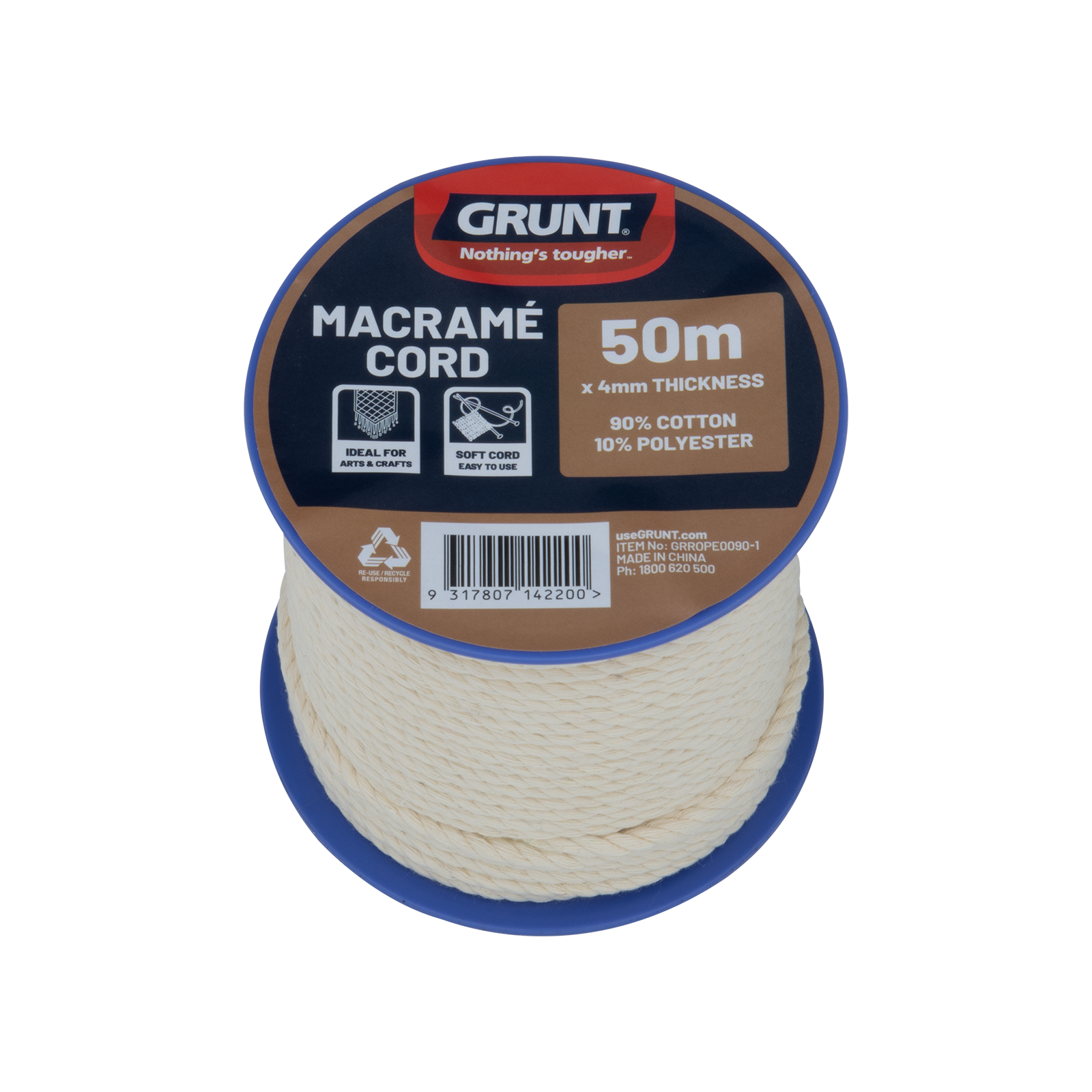 GRUNT 4mm x 50m White Macramé Cotton Cord – soft twisted natural cotton cord for macramé wall hangings, plant hangers, and fibre art projects. Ideal for craft and DIY home décor. Available at Bunnings AU and NZ.