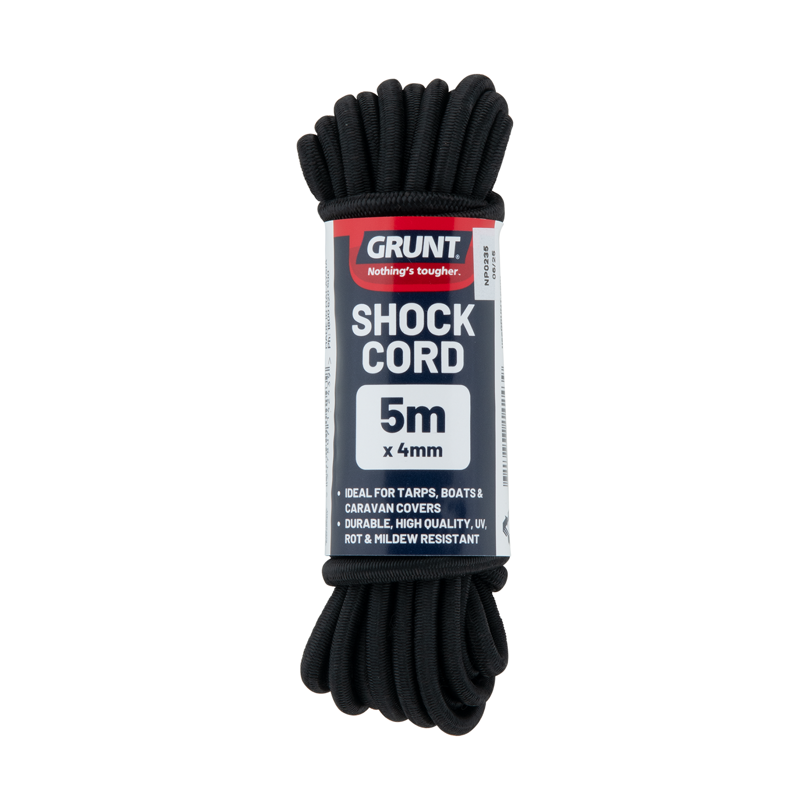 GRUNT 4mm x 5m Black Shock Cord – elastic bungee cord for securing loads, camping, kayaking, and DIY projects. High elasticity with strong natural rubber core. Available at Bunnings AU and NZ.