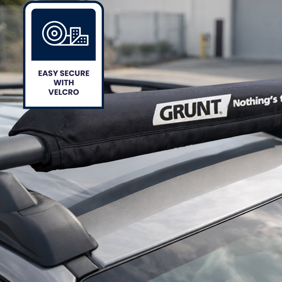 GRUNT 500mm Black Cargo Protector – padded edge protector for tie-down straps over sharp cargo corners. Prevents strap damage and protects cargo surfaces during transport. Available at Bunnings AU and NZ.