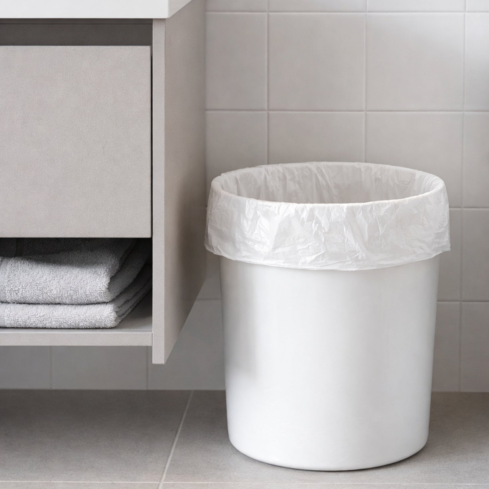 GRUNT 15L White Flat Top Rubbish Bags 100-Pack – bulk-pack small white bin liners for desk bins, bathroom bins, and general-purpose use. Flat-top design for easy knotting and disposal. Available at Bunnings AU and NZ.