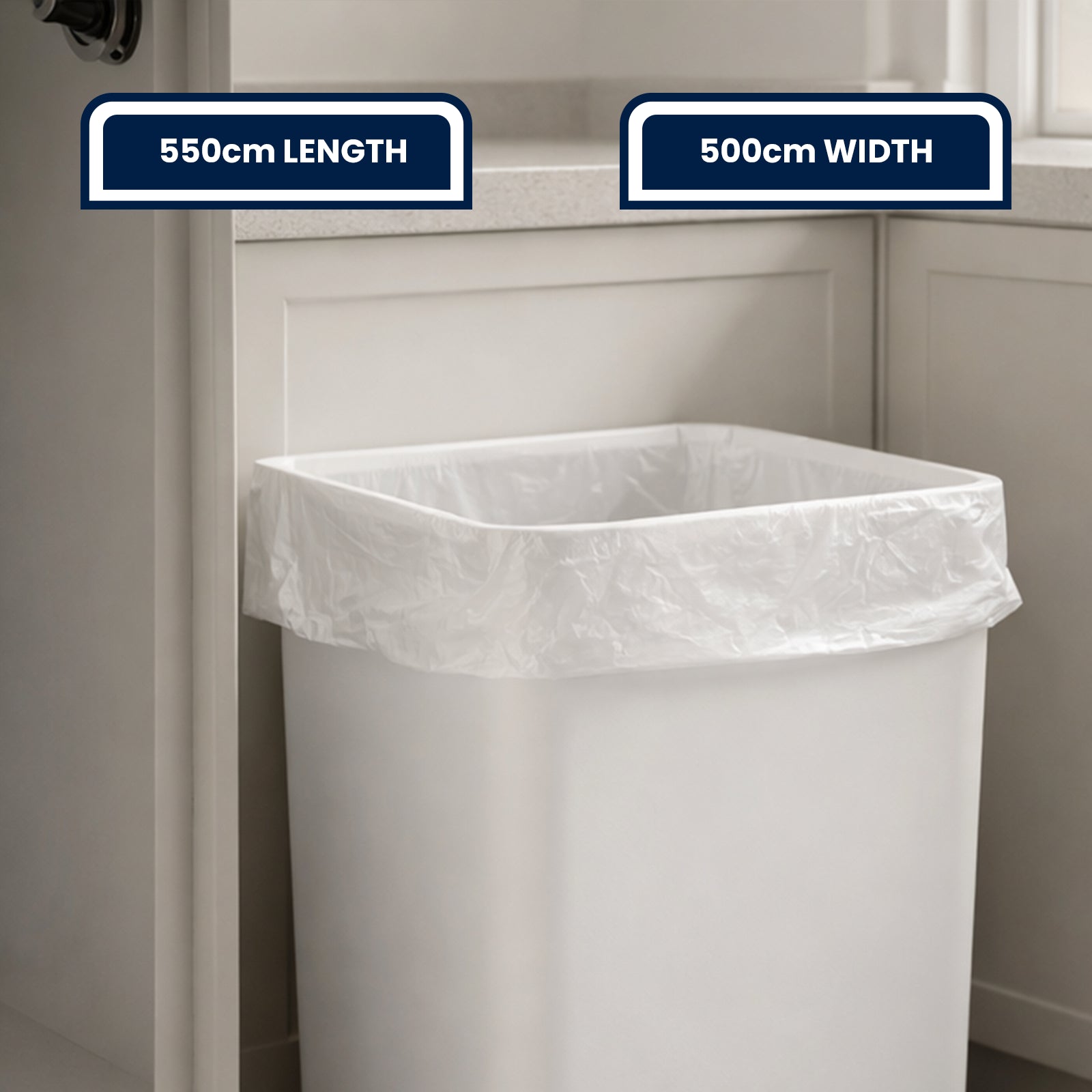 GRUNT 15L White Flat Top Rubbish Bags 100-Pack – bulk-pack small white bin liners for desk bins, bathroom bins, and general-purpose use. Flat-top design for easy knotting and disposal. Available at Bunnings AU and NZ.