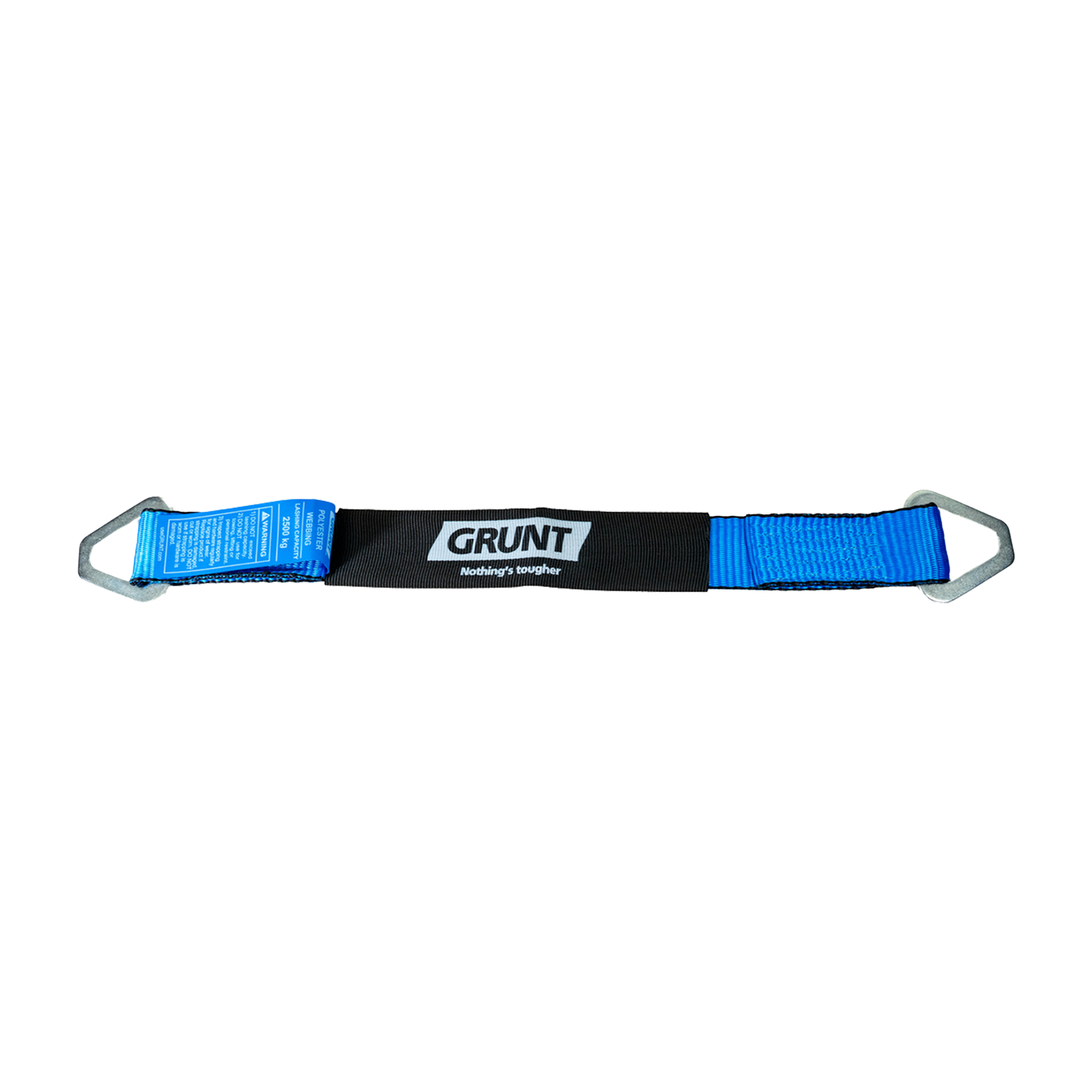 GRUNT 50mm x 60cm Blue and Black Heavy Duty Axle Strap – strong reinforced axle strap for vehicle recovery, towing, and wheel-lift towing applications. High working load for safe vehicle transport. Available at Bunnings AU and NZ.