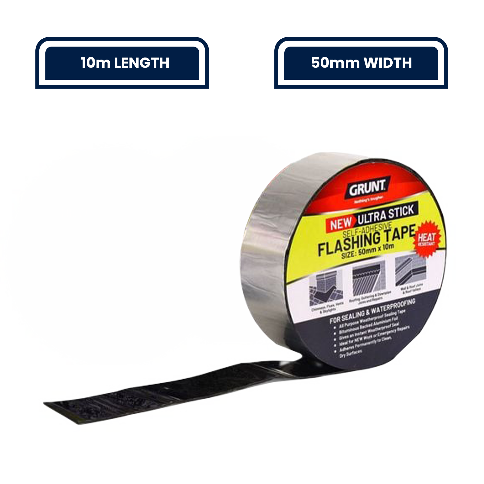 GRUNT 50mm x 10m Black Flashing Tape – self-adhesive waterproof flashing tape for sealing roof flashings, joints, and building envelope penetrations. Strong adhesion for long-term weatherproofing. Available at Bunnings AU.
