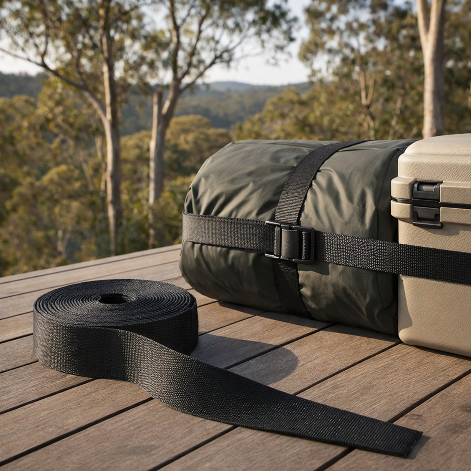 GRUNT 50mm x 10m Nylon Black Heavy Duty Polyester Webbing – wide nylon-reinforced webbing for heavy-duty tie-downs, commercial straps, and industrial cargo control. High breaking strength. Available at Bunnings NZ.