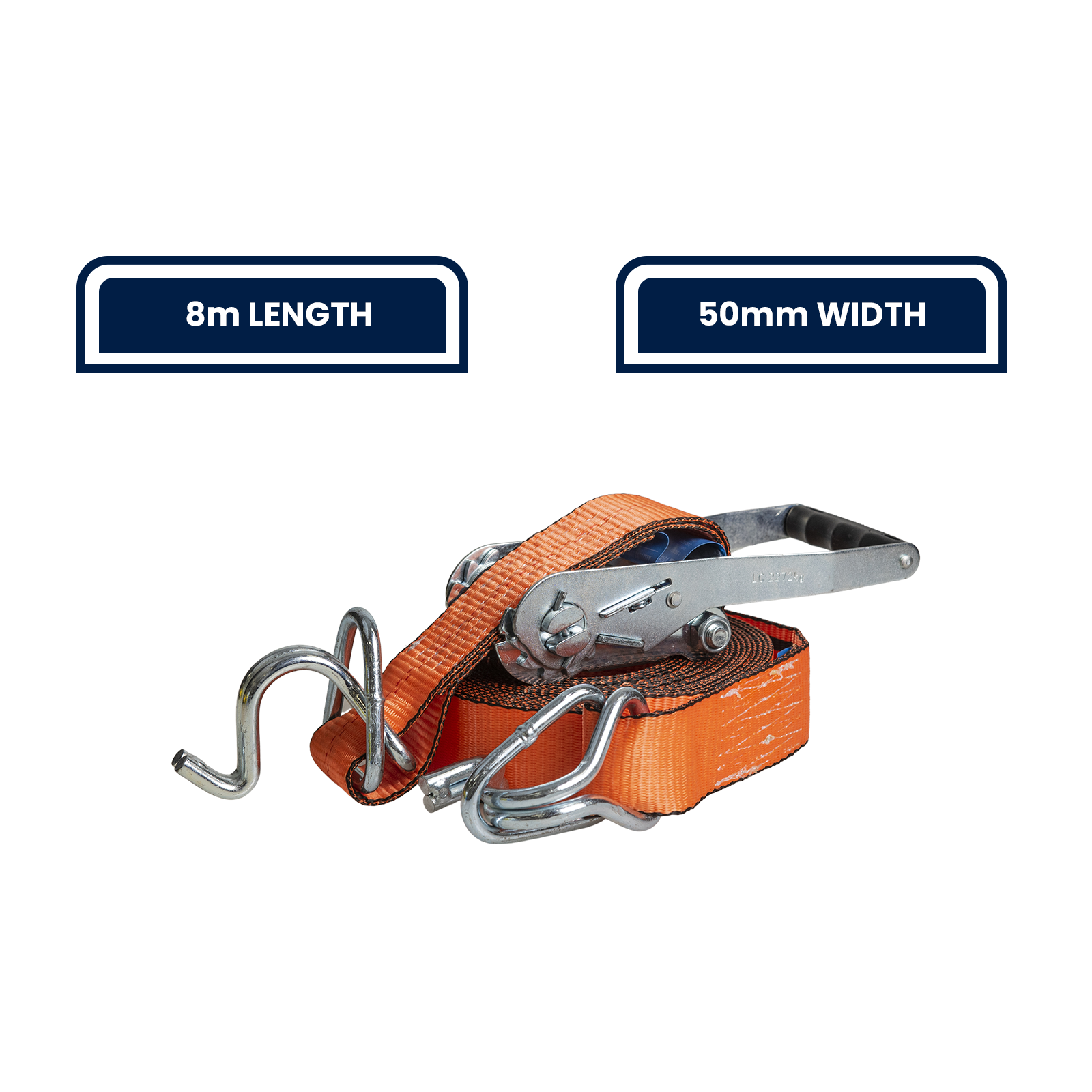 GRUNT 50mm x 8m Orange Heavy Duty Ratchet Tie Down – extra-wide long-length ratchet strap for securing heavy loads, vehicles, and machinery. High working load for professional transport. Available at Bunnings AU and NZ.