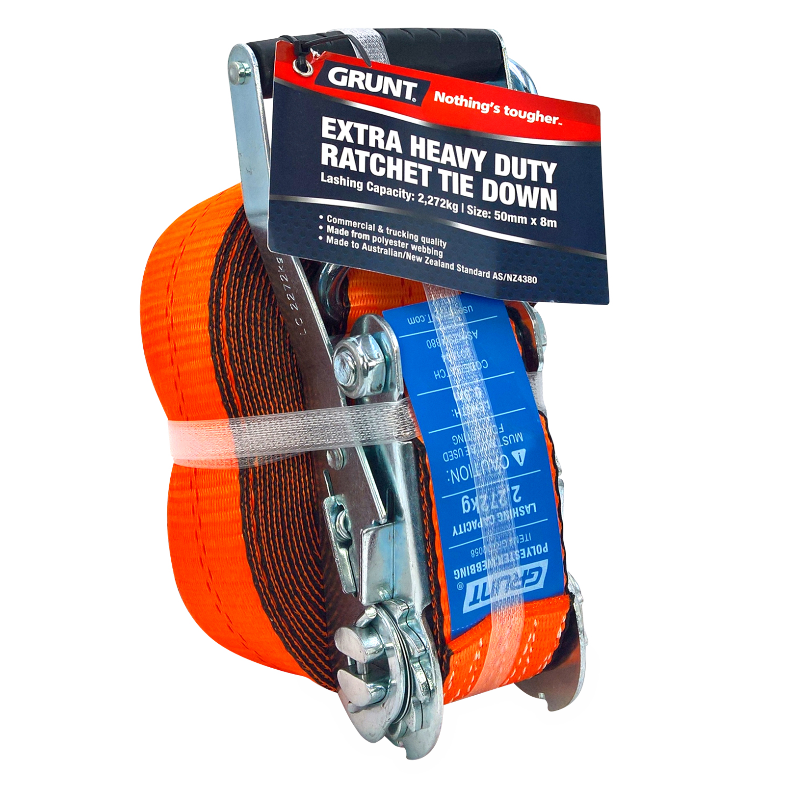 GRUNT 50mm x 8m Orange Heavy Duty Ratchet Tie Down – extra-wide long-length ratchet strap for securing heavy loads, vehicles, and machinery. High working load for professional transport. Available at Bunnings AU and NZ.