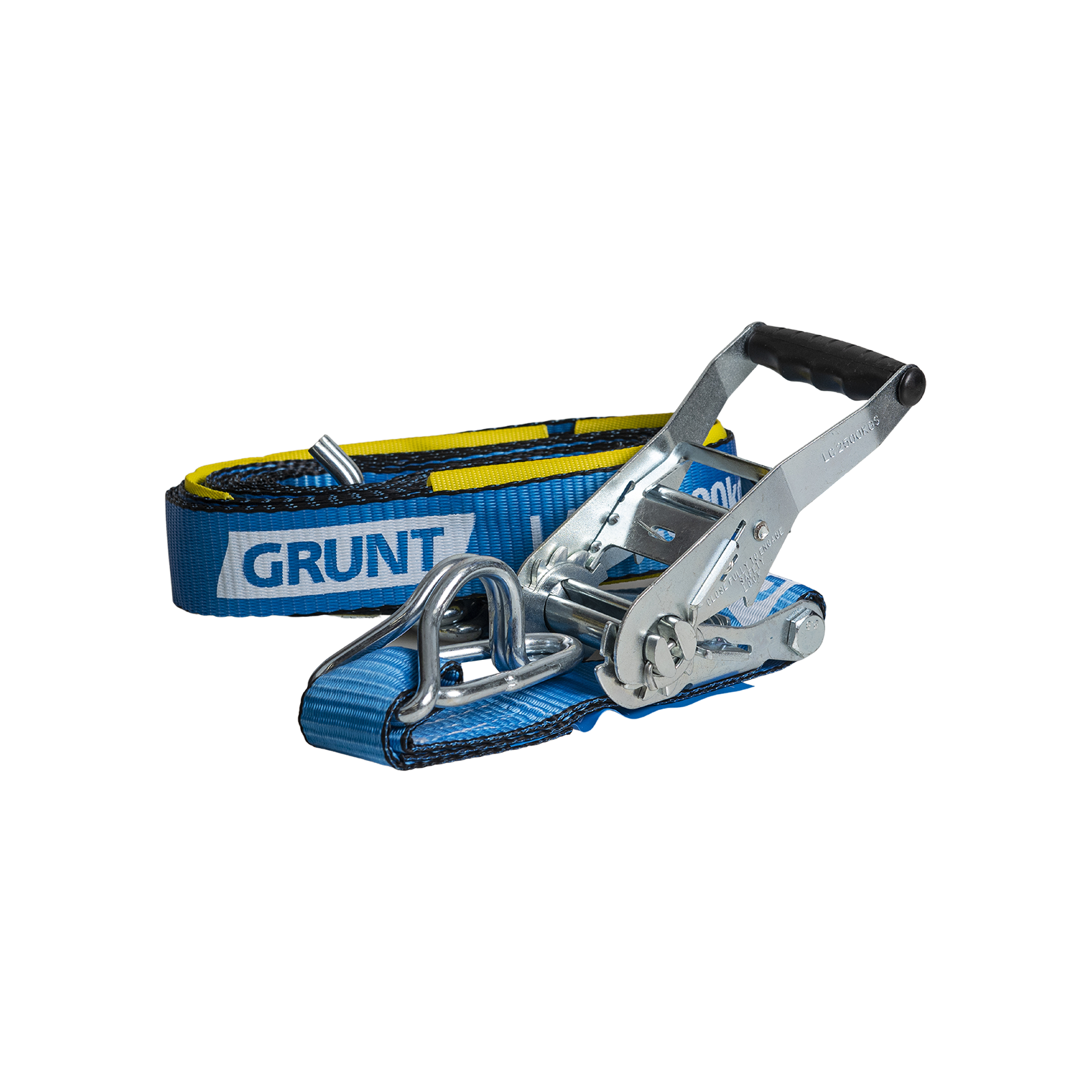 GRUNT 50mm x 9m Blue and Yellow Heavy Duty Ratchet Tie Down – long-reach extra-wide ratchet strap for securing heavy machinery, furniture, and large loads on trailers and trucks. Available at Bunnings AU and NZ.