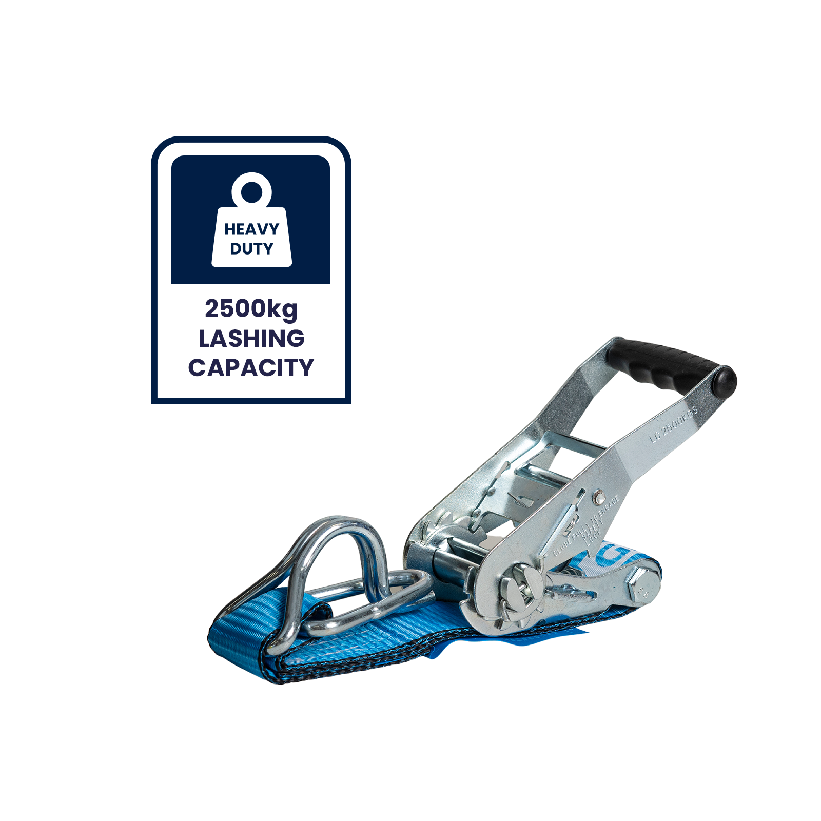 GRUNT 50mm x 9m Blue and Yellow Heavy Duty Ratchet Tie Down – long-reach extra-wide ratchet strap for securing heavy machinery, furniture, and large loads on trailers and trucks. Available at Bunnings AU and NZ.