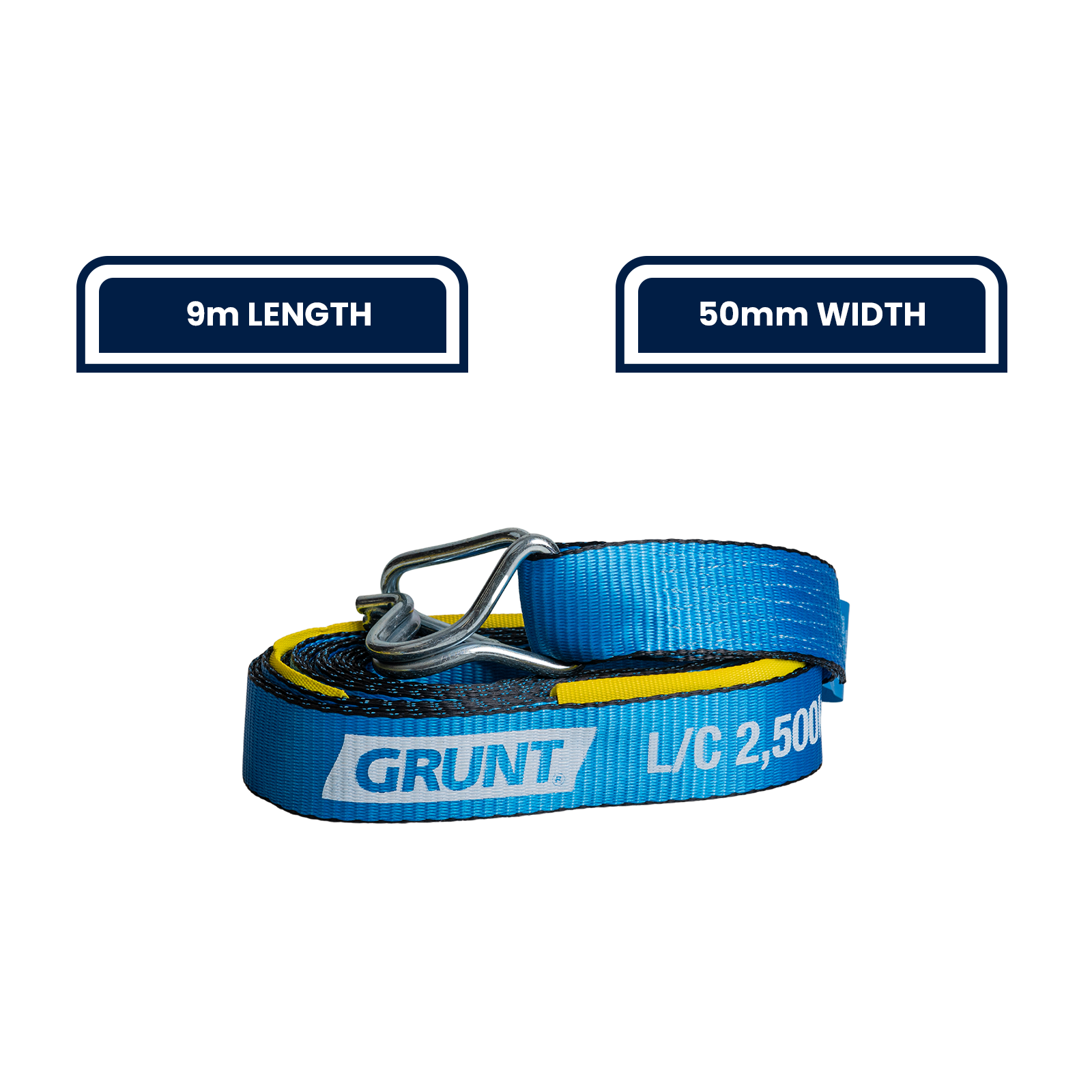 GRUNT 50mm x 9m Blue and Yellow Heavy Duty Ratchet Tie Down – long-reach extra-wide ratchet strap for securing heavy machinery, furniture, and large loads on trailers and trucks. Available at Bunnings AU and NZ.