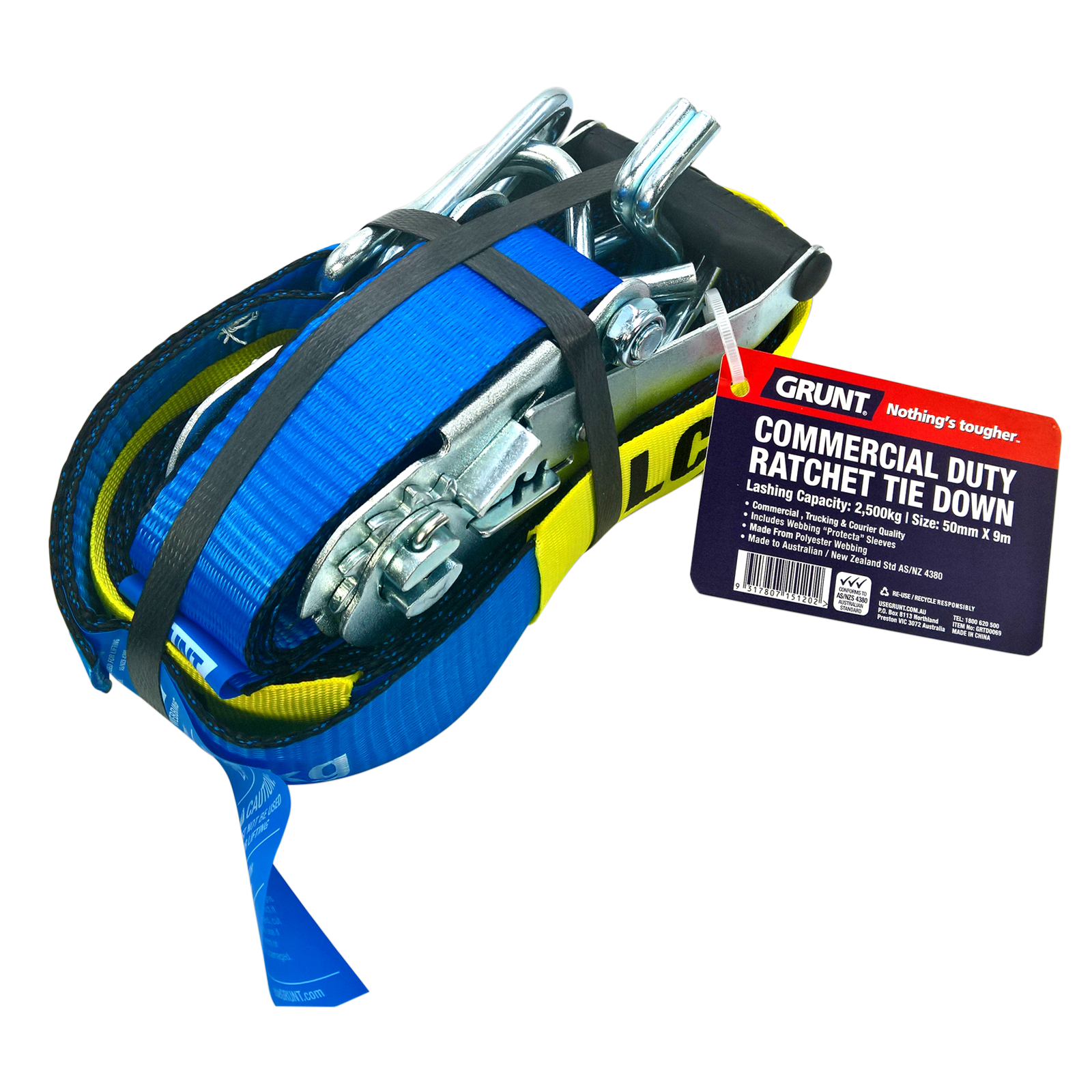 GRUNT 50mm x 9m Blue and Yellow Heavy Duty Ratchet Tie Down – long-reach extra-wide ratchet strap for securing heavy machinery, furniture, and large loads on trailers and trucks. Available at Bunnings AU and NZ.