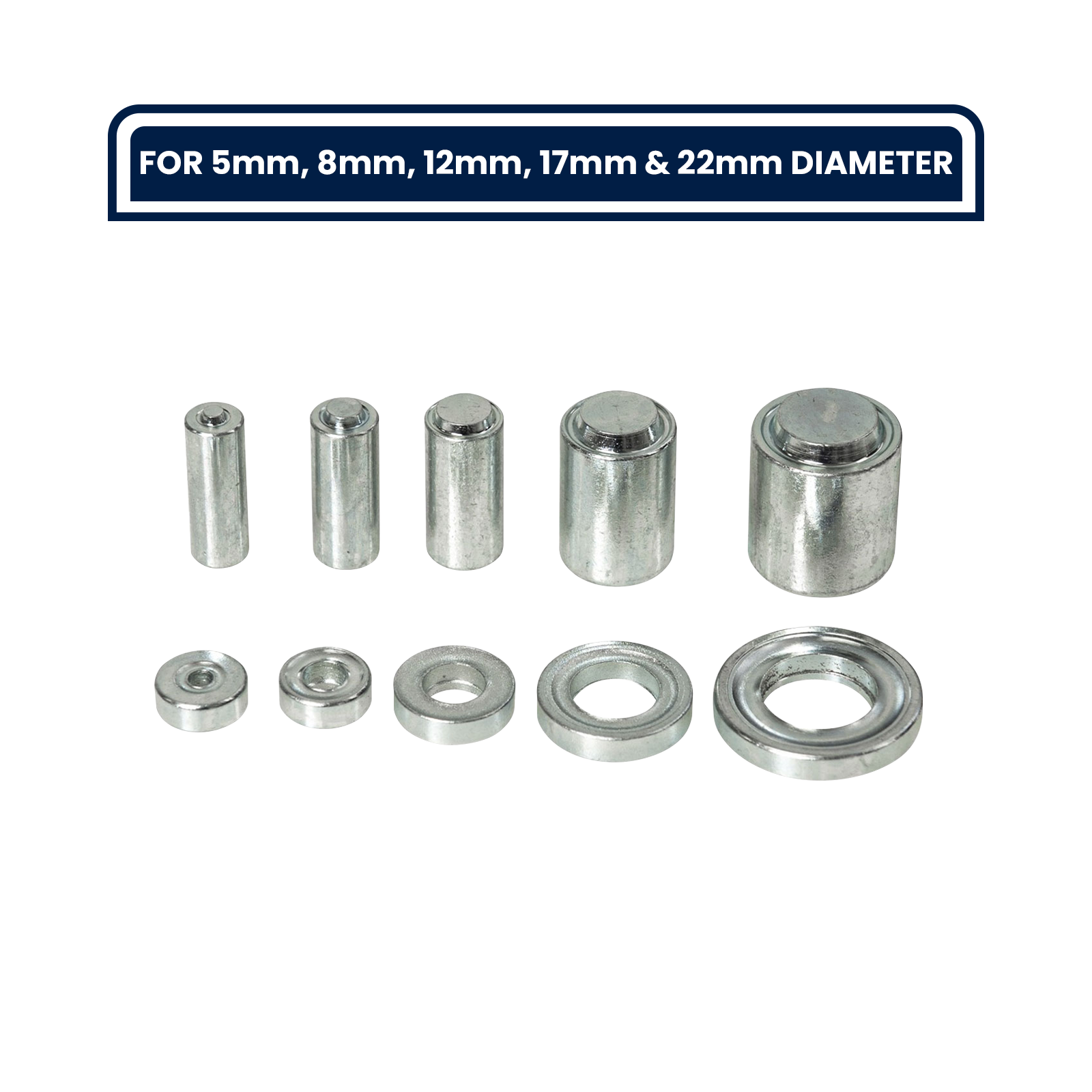 GRUNT 5-Piece Silver Metal Punch Tool Webbing Kit – complete tool set for punching and fitting metal grommets and fasteners in webbing, canvas, and fabric. Ideal for DIY strap and tarp repairs. Available at Bunnings AU and NZ.