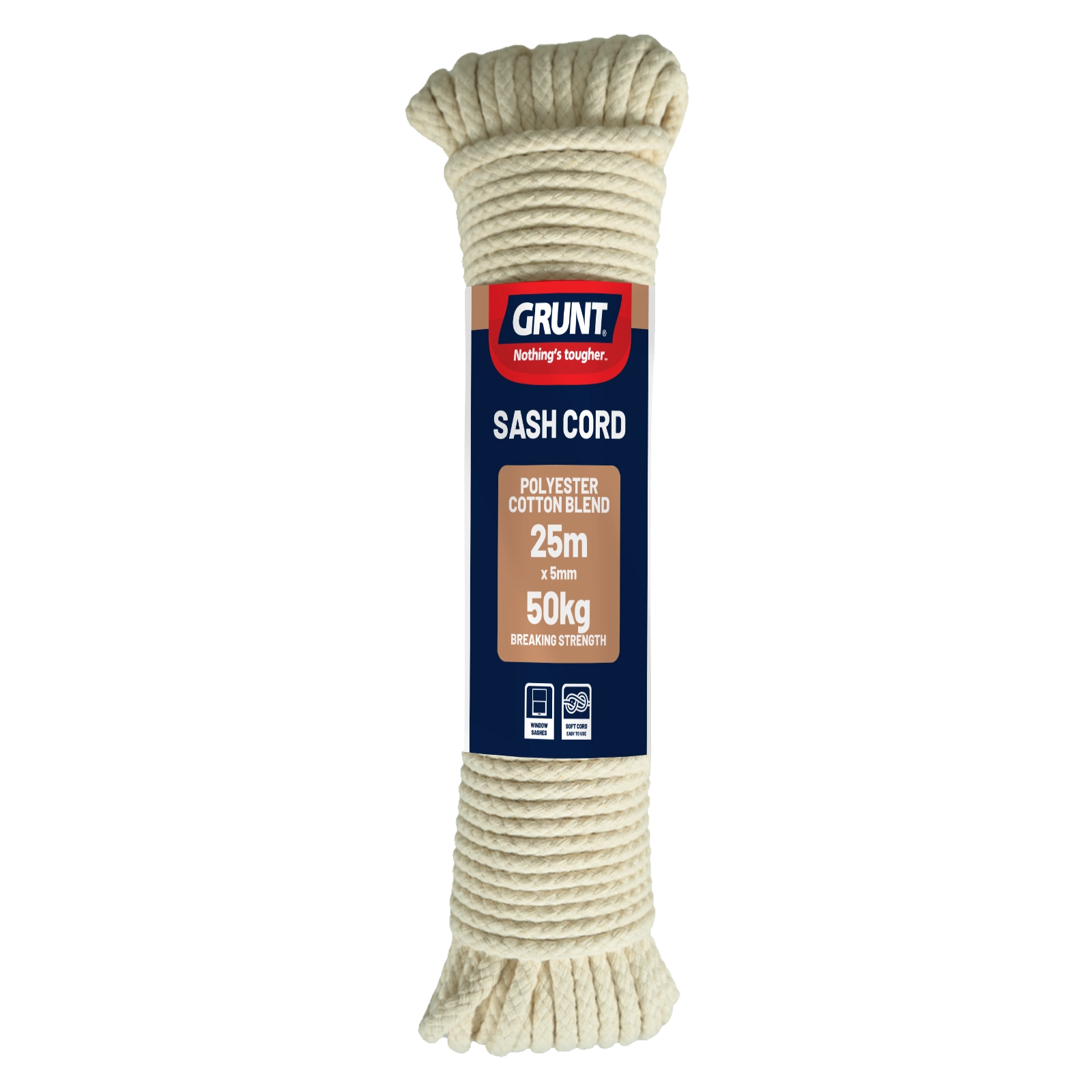 GRUNT 5mm x 25m Natural Cotton Sash Cord – traditional twisted cotton cord for window sashes, pulleys, and household applications. Soft, durable, and easy to handle. Available at Bunnings AU and NZ.