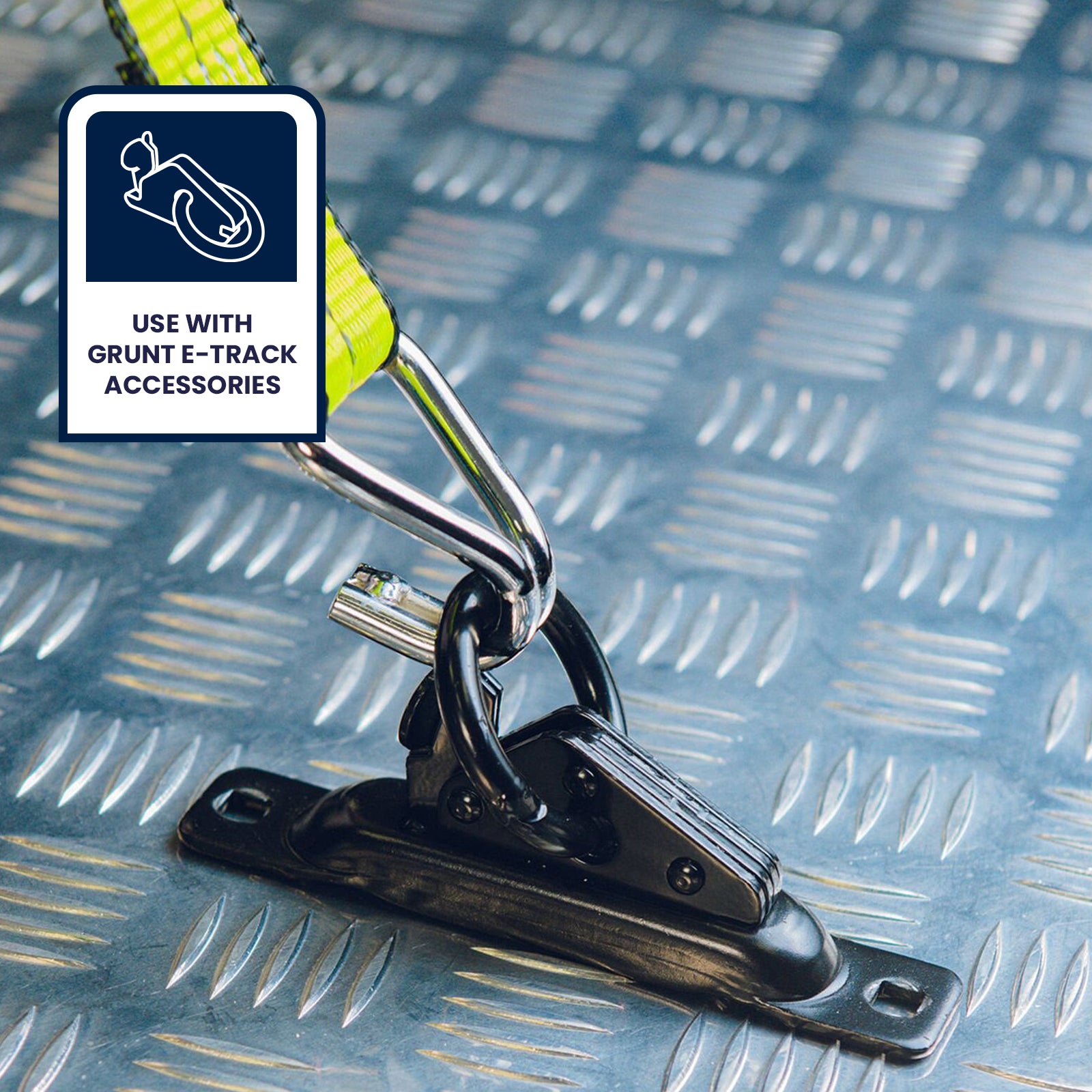 GRUNT 600mm Black E Track Space Saver Single – E-Track rail accessory that optimises load space in trailers and vans. Enables flexible multi-point strap attachment for efficient cargo control. Available at Bunnings AU and NZ.