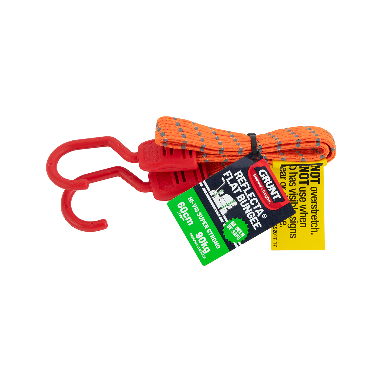 GRUNT 60cm Fluro Green Reflecta Flat Bungee Strap – high-visibility flat bungee strap for securing loads on bikes, trailers, and racks. Reflective threads for night-time safety visibility. Available at Bunnings AU and NZ.