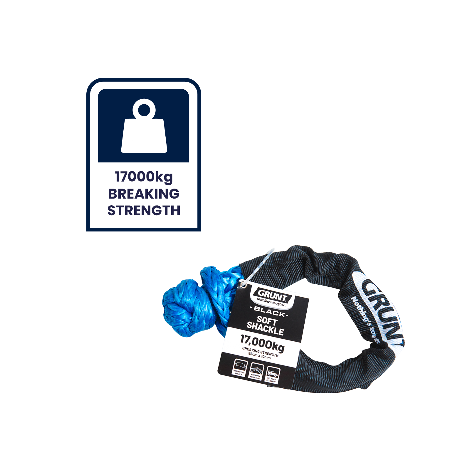 GRUNT 60mm 17000kg Braided Soft Shackle – ultra-high-strength synthetic fibre shackle for heavy 4WD recovery, rigging, and load lifting. Safe, lightweight, and non-damaging replacement for steel shackles. Available at Bunnings AU and NZ.