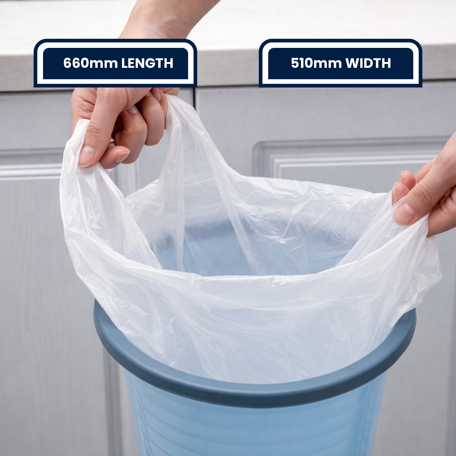 GRUNT 27L White Kitchen Tie Top Rubbish Bags 100-Pack – value-pack tie-top bin liners for standard 27L kitchen tidy bins. Built-in tie strips for hygienic and odour-controlled daily waste. Available at Bunnings AU and NZ.