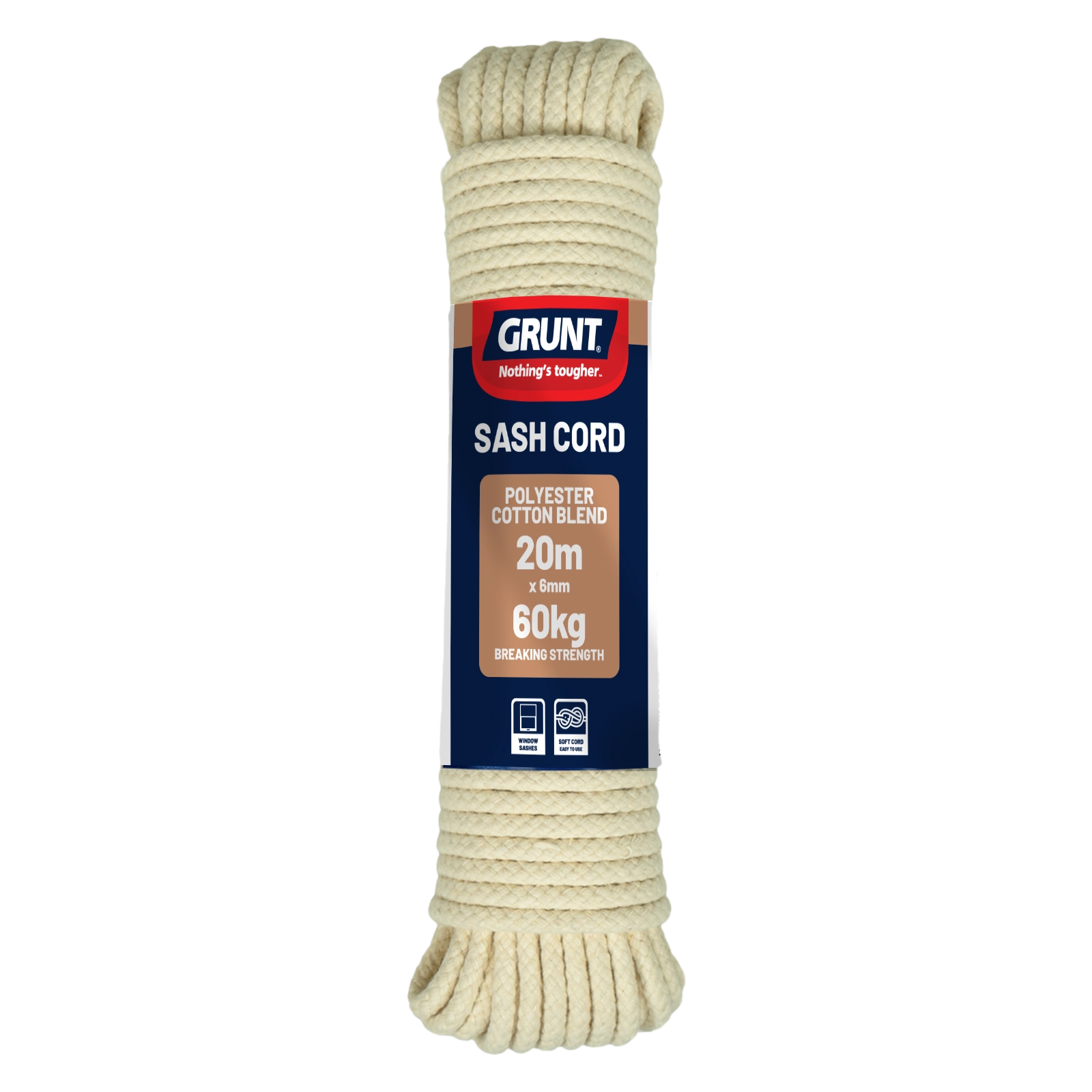 GRUNT 6mm x 20m Natural Cotton Sash Cord – premium twisted cotton rope for sash windows, pulleys, and general-purpose home use. Flexible and long-lasting. Available at Bunnings AU and NZ.